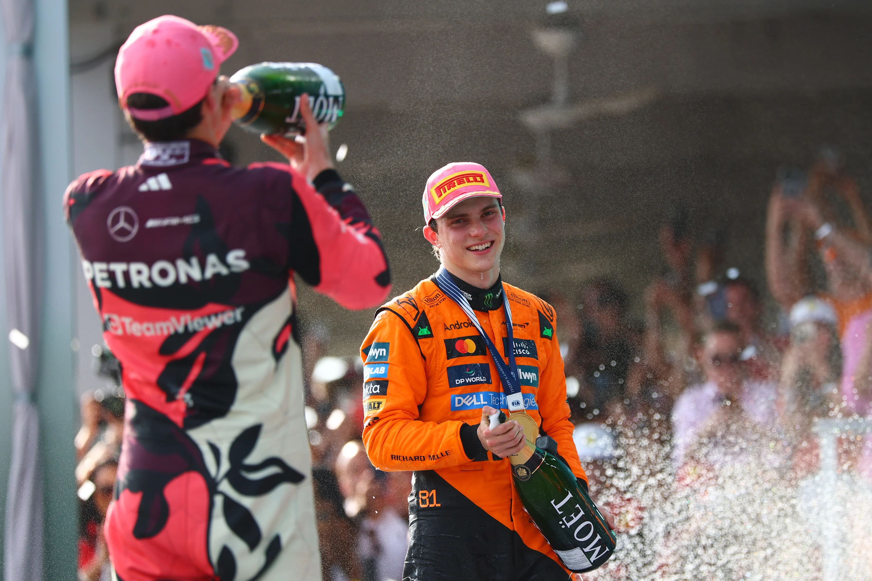 MIAMI, FLORIDA - MAY 04: Third placed George Russell of Great Britain and Mercedes AMG Petronas F1