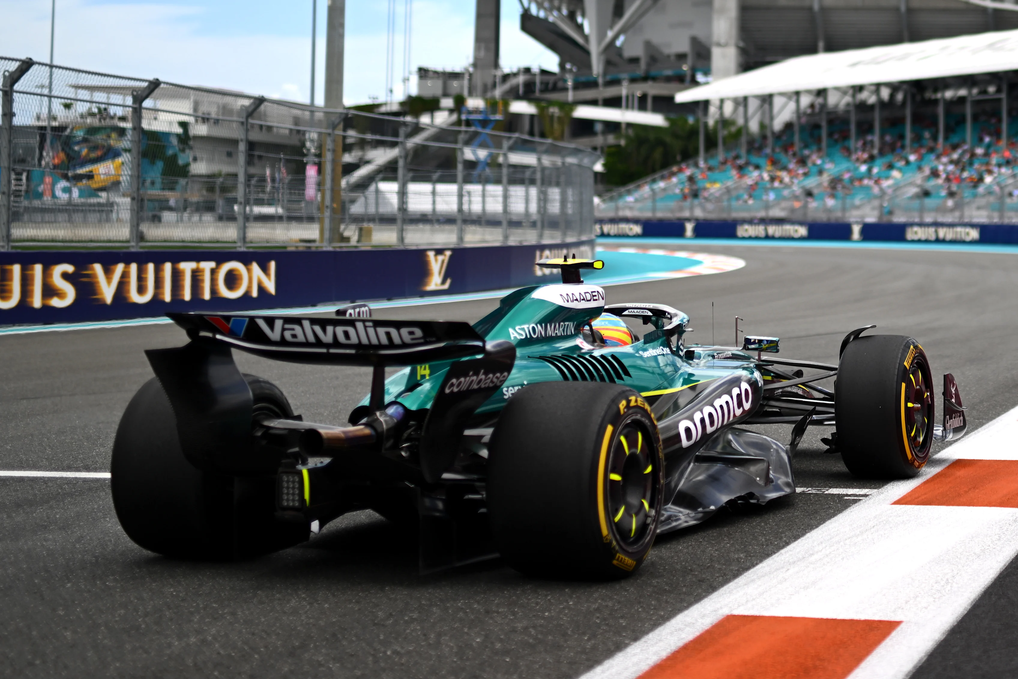MIAMI, FLORIDA - MAY 02: Fernando Alonso of Spain driving the (14) Aston Martin F1 Team AMR25 Mercedes on track during practice ahead of the F1 Grand Prix of Miami at Miami International Autodrome on May 02, 2025 in Miami, Florida. (Photo by Rudy Carezzevoli/Getty Images)