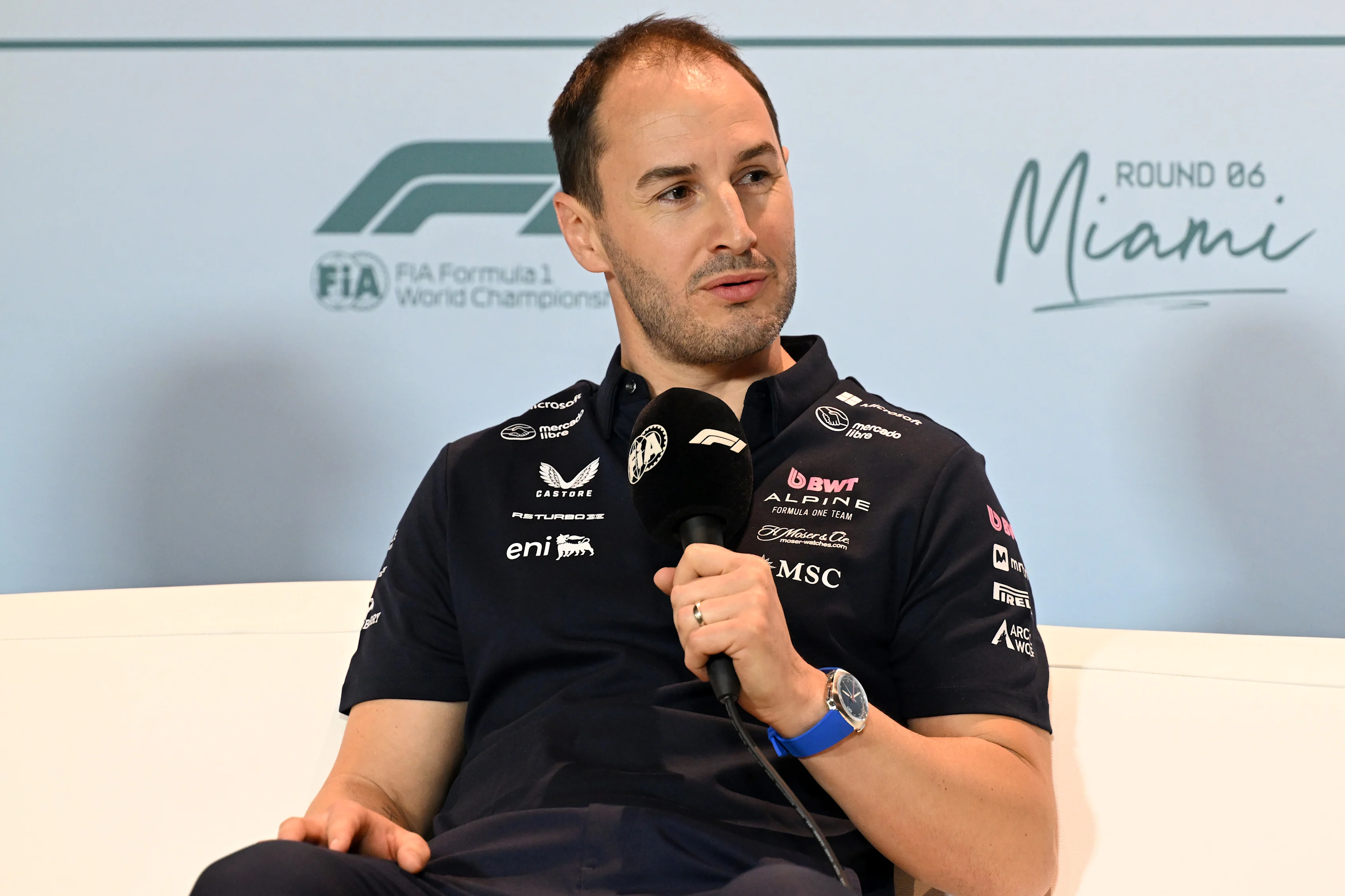 MIAMI, FLORIDA - MAY 02: Oliver Oakes, Team Principal of Alpine F1 in the Team Principals Press