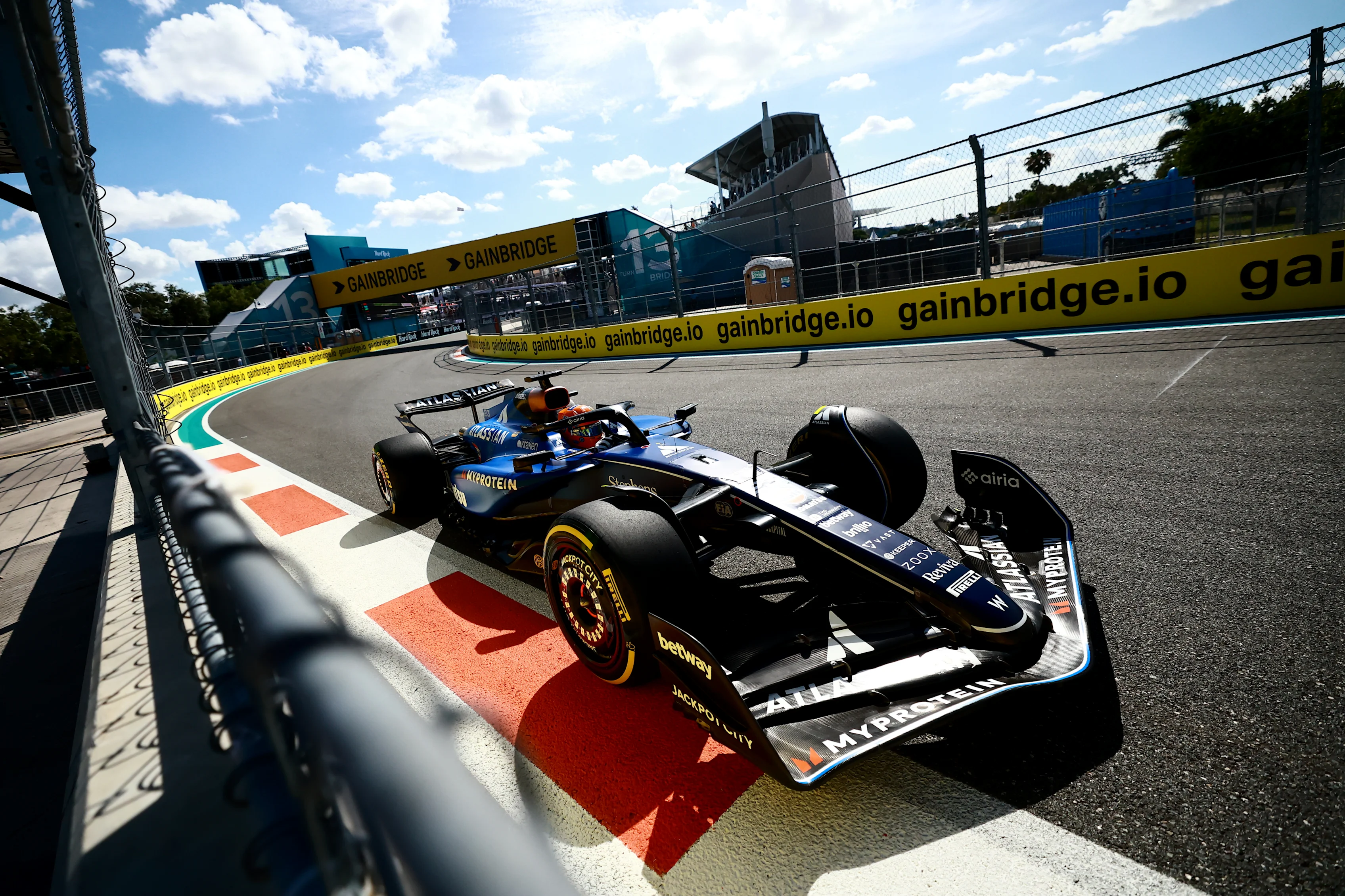 MIAMI, FLORIDA - MAY 02: Alexander Albon of Thailand driving the (23) Williams FW47 Mercedes on track during practice ahead of the F1 Grand Prix of Miami at Miami International Autodrome on May 02, 2025 in Miami, Florida. (Photo by Hector Vivas/Getty Images)