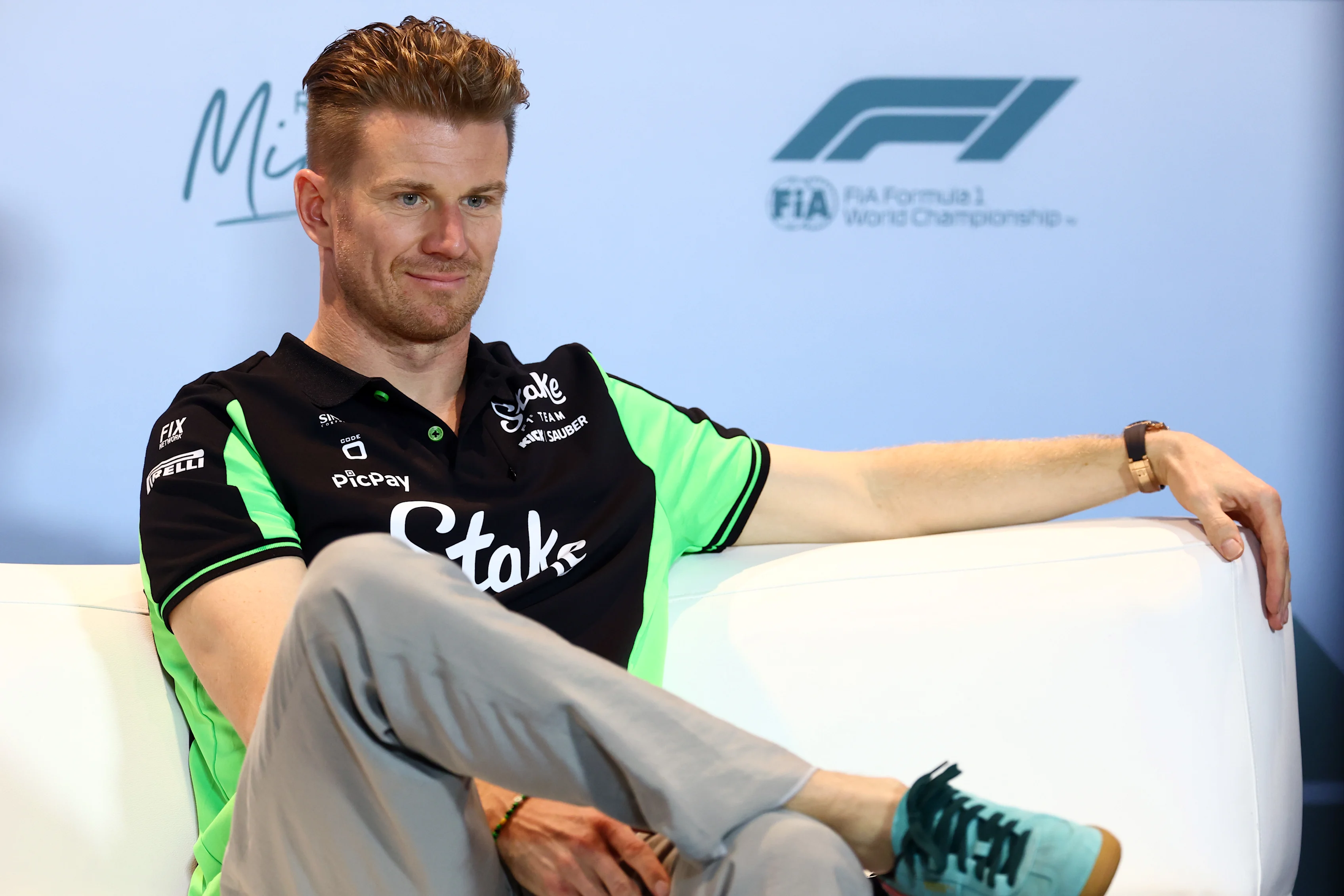 MIAMI, FLORIDA - MAY 01: Nico Hulkenberg of Germany and Stake F1 Team Kick Sauber looks on in the Drivers Press Conference during previews ahead of the F1 Grand Prix of Miami at Miami International Autodrome on May 01, 2025 in Miami, Florida. (Photo by Clive Rose/Getty Images)