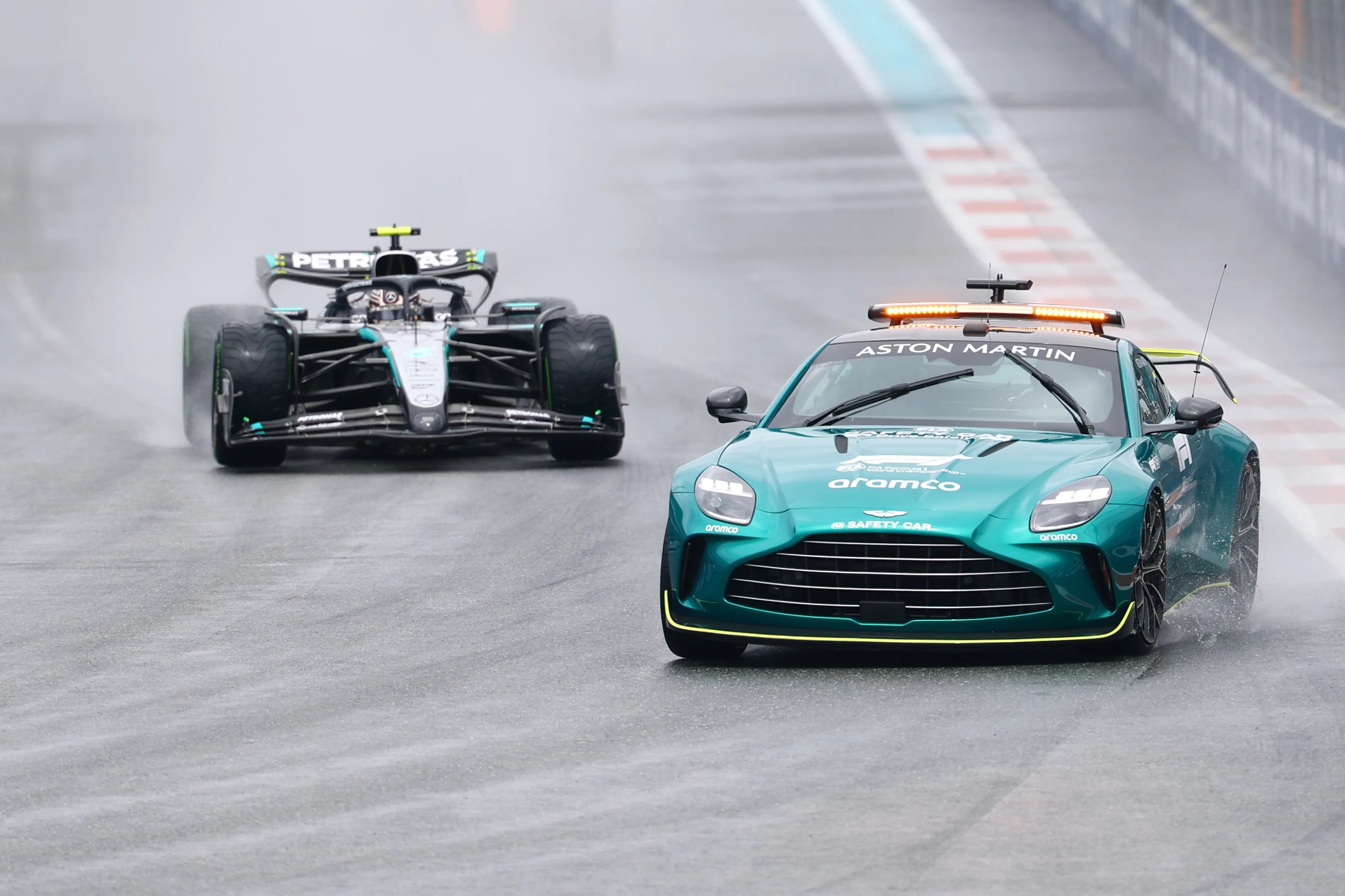 MIAMI, FLORIDA - MAY 03: The FIA Safety Car leads Andrea Kimi Antonelli of Italy driving the (12) Mercedes AMG Petronas F1 Team W16 on the formation lap during the Sprint ahead of the F1 Grand Prix of Miami at Miami International Autodrome on May 03, 2025 in Miami, Florida. (Photo by Bryn Lennon - Formula 1/Formula 1 via Getty Images)