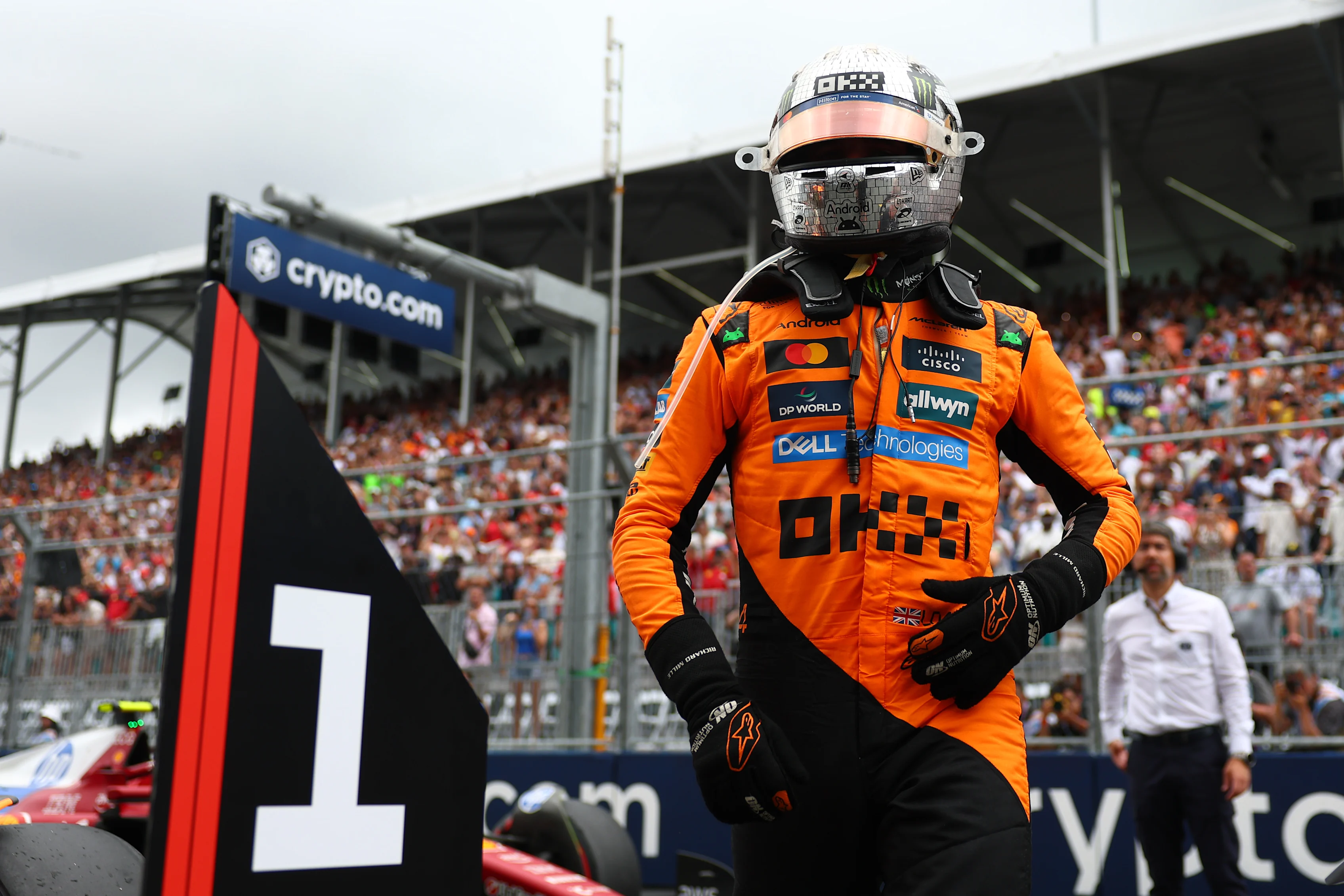 MIAMI, FLORIDA - MAY 03: Sprint winner Lando Norris of Great Britain and McLaren in parc ferme during the Sprint ahead of the F1 Grand Prix of Miami at Miami International Autodrome on May 03, 2025 in Miami, Florida. (Photo by Bryn Lennon - Formula 1/Formula 1 via Getty Images)