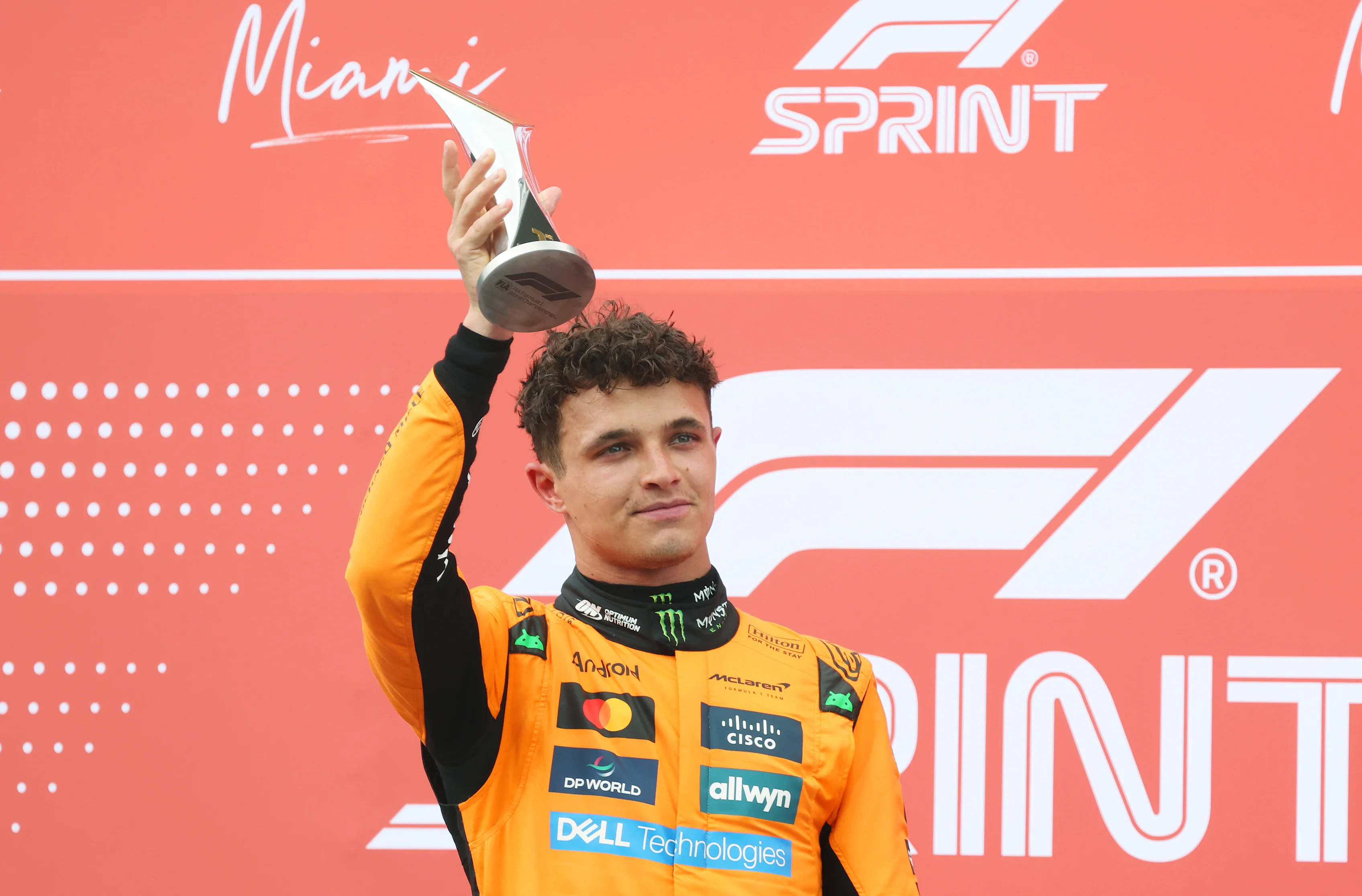 Sprint winner Lando Norris of Great Britain and McLaren lifts his trophy during the Sprint ahead of the F1 Grand Prix of Miami at Miami International Autodrome on May 03, 2025 in Miami, Florida. (Photo by Mark Thompson/Getty Images)