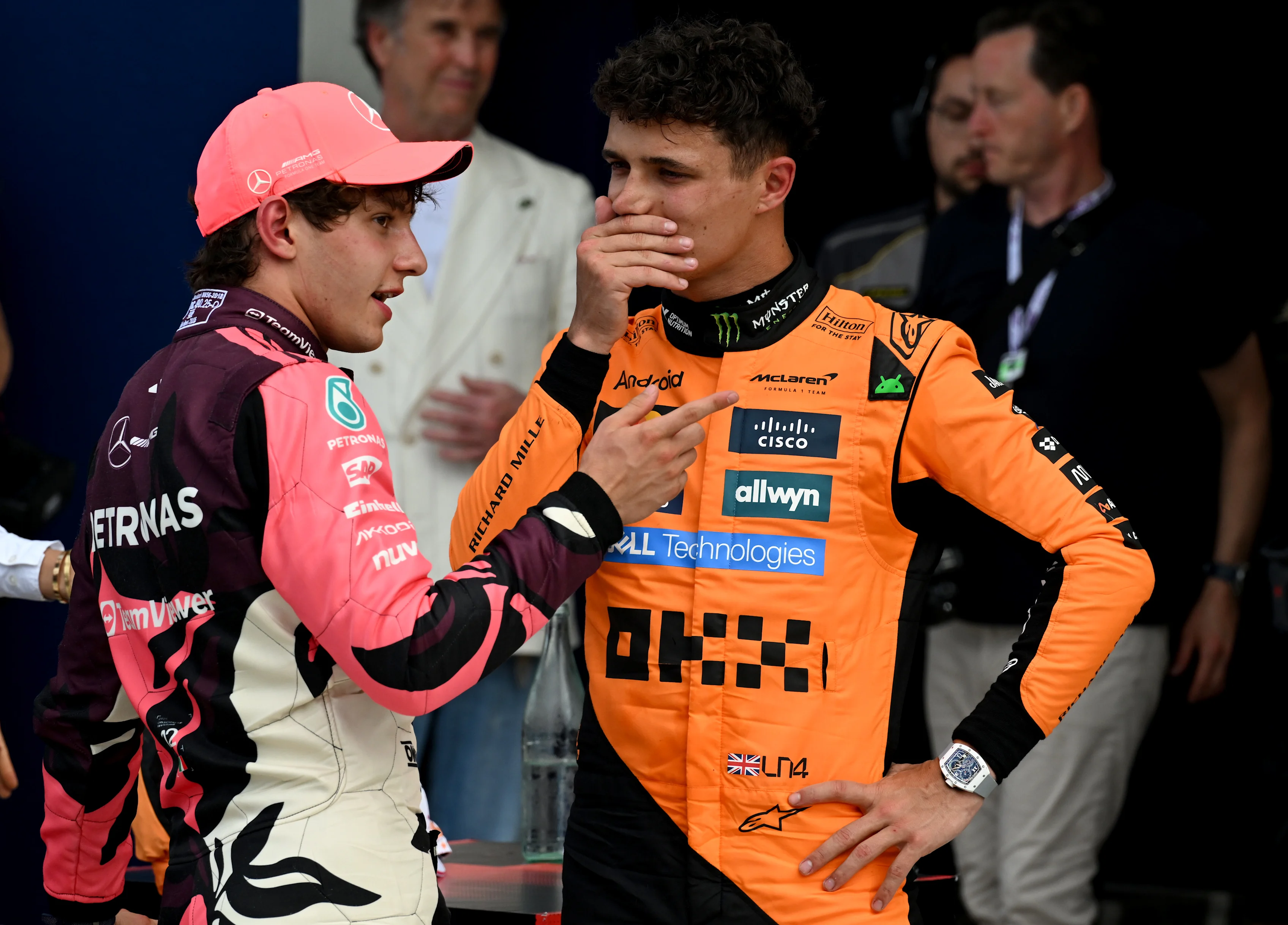 Andrea Kimi Antonelli and Lando Norris in parc ferme during qualifying ahead of the F1 Grand Prix of Miami at Miami International Autodrome on May 03, 2025 in Miami, Florida. (Photo by Mark Sutton - Formula 1/Formula 1 via Getty Images)