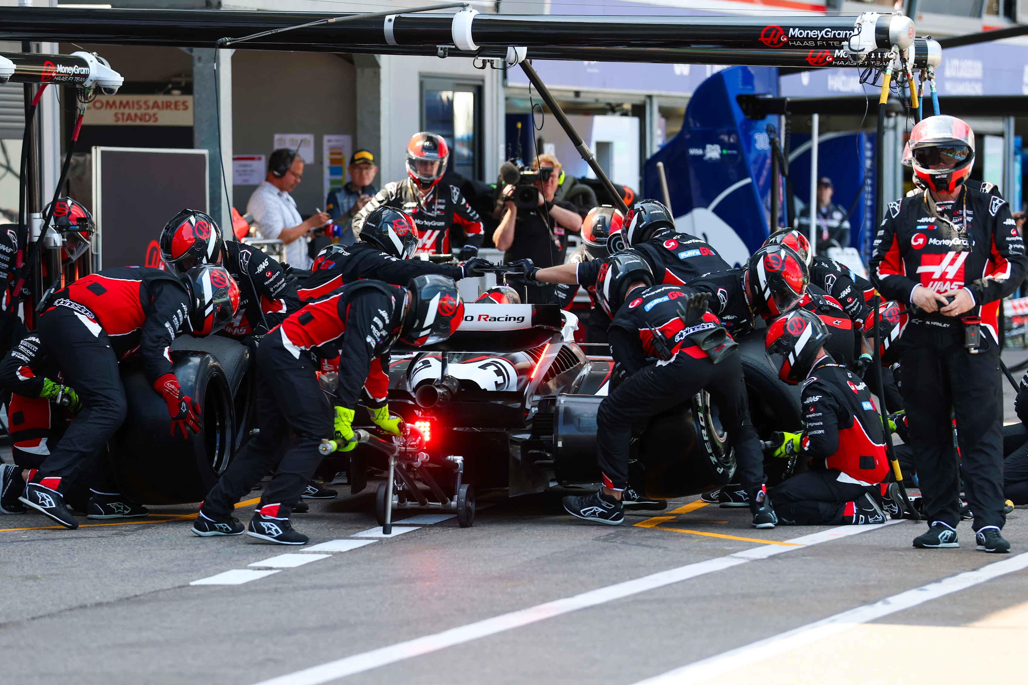MONTE-CARLO, MONACO - MAY 25: Esteban Ocon of France driving the (31) Haas F1 VF-25 Ferrari makes a pitstop during the F1 Grand Prix of Monaco at Circuit de Monaco on May 25, 2025 in Monte-Carlo, Monaco. (Photo by Steven Tee/Getty Images)