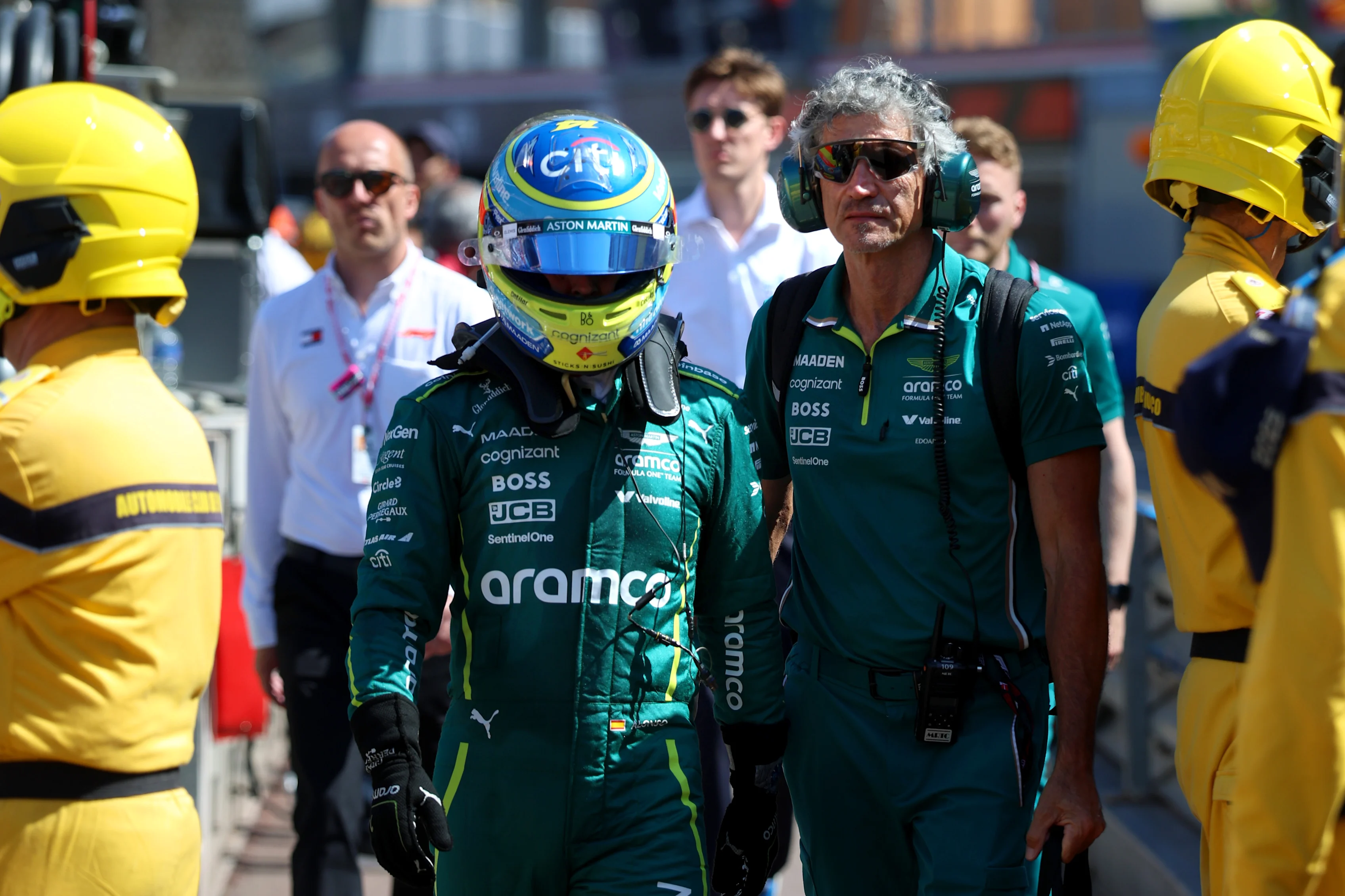 MONTE-CARLO, MONACO - MAY 25: Fernando Alonso of Spain and Aston Martin F1 Team walks in the Pitlane after retiring  race during the F1 Grand Prix of Monaco at Circuit de Monaco on May 25, 2025 in Monte-Carlo, Monaco. (Photo by Steven Tee/Getty Images)