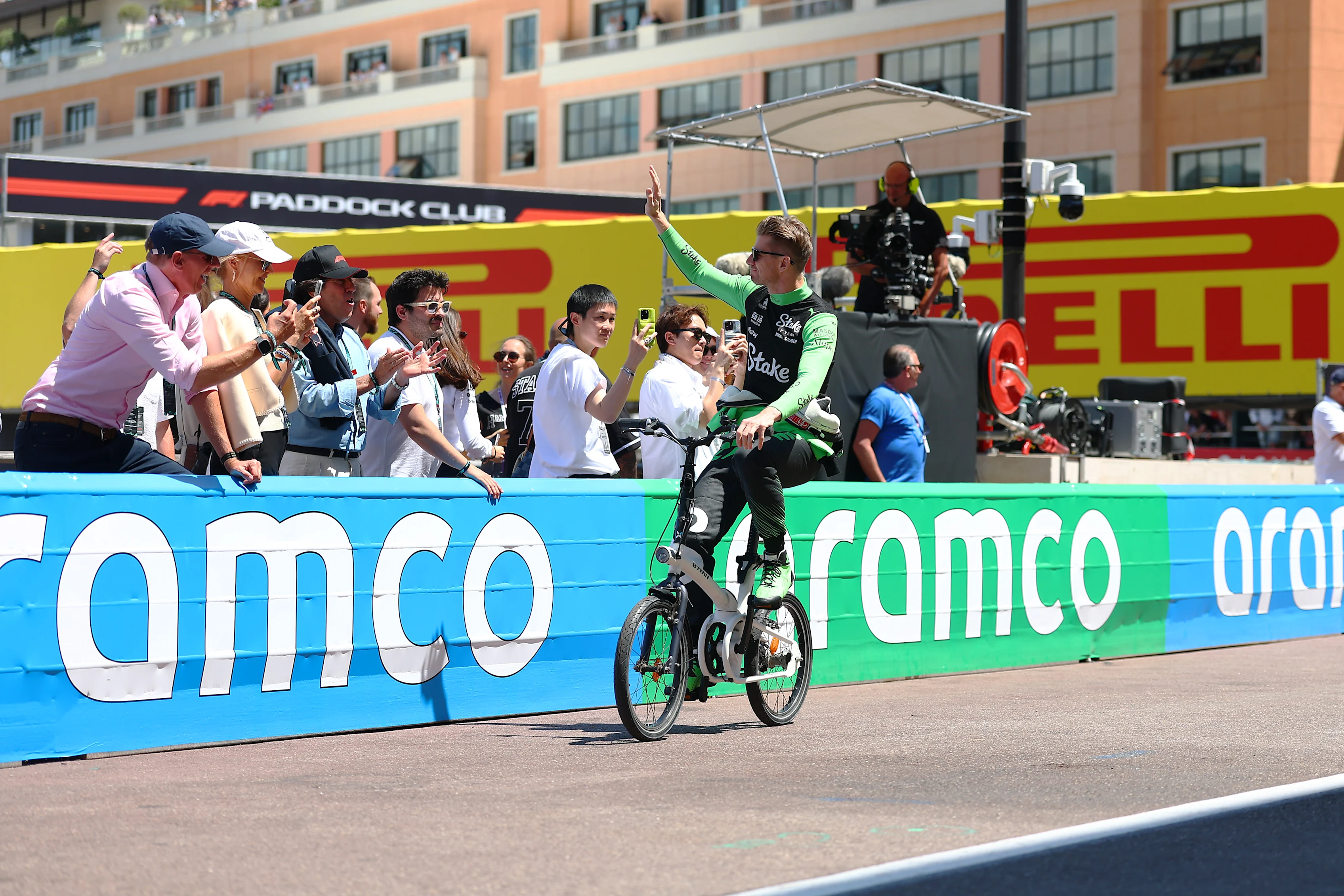 MONTE-CARLO, MONACO - MAY 25: Nico Hulkenberg of Germany and Stake F1 Team Kick Sauber rides his bicycle in the Pitlane prior to the F1 Grand Prix of Monaco at Circuit de Monaco on May 25, 2025 in Monte-Carlo, Monaco. (Photo by Bryn Lennon - Formula 1/Formula 1 via Getty Images)