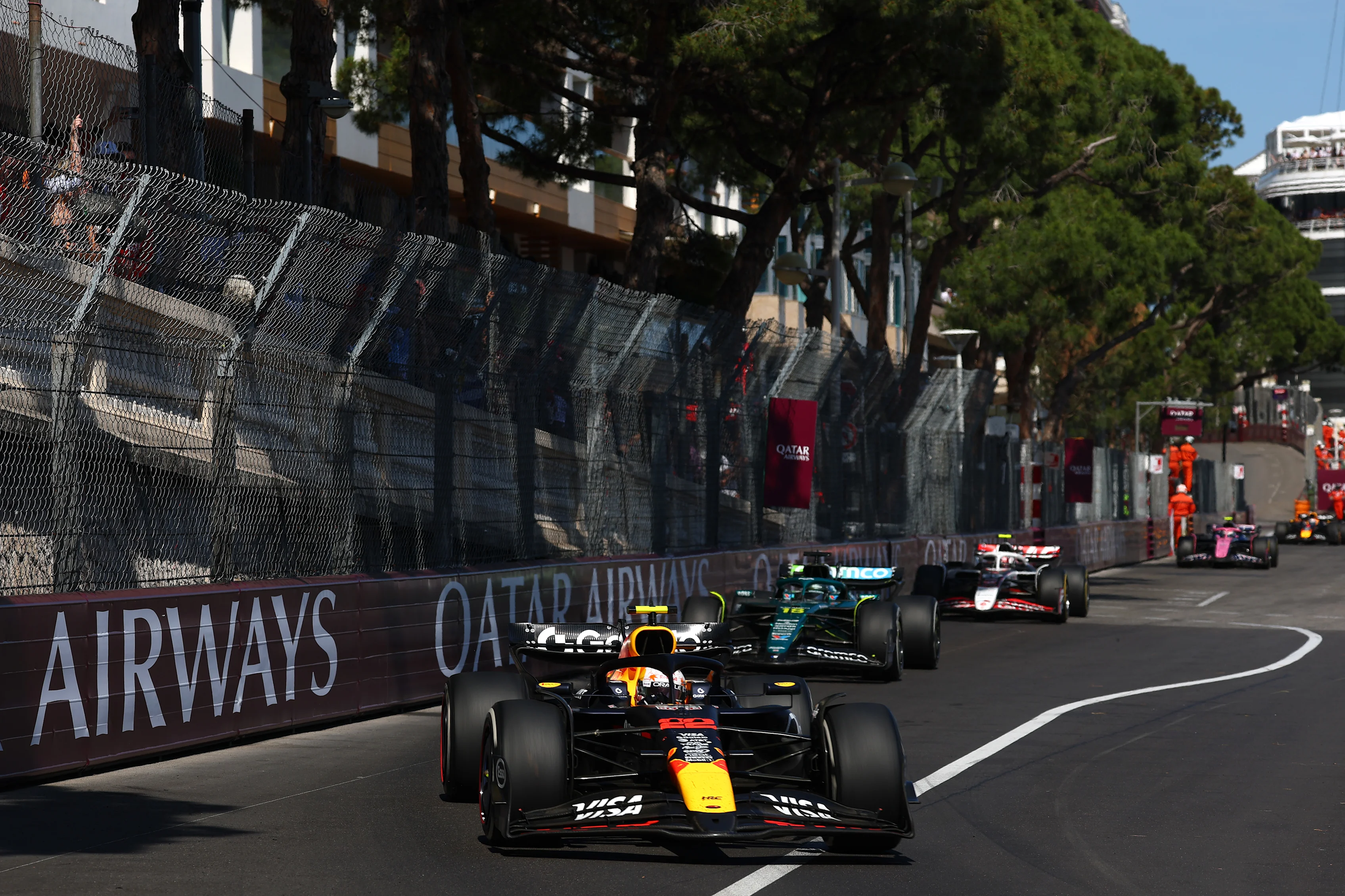 Yuki Tsunoda leads Lance Stroll and Oliver Bearman of Great Britain driving the (87) Haas F1 VF-25 Ferrari on track during the F1 Grand Prix of Monaco at Circuit de Monaco on May 25, 2025 in Monte-Carlo, Monaco. (Photo by Mark Thompson/Getty Images)