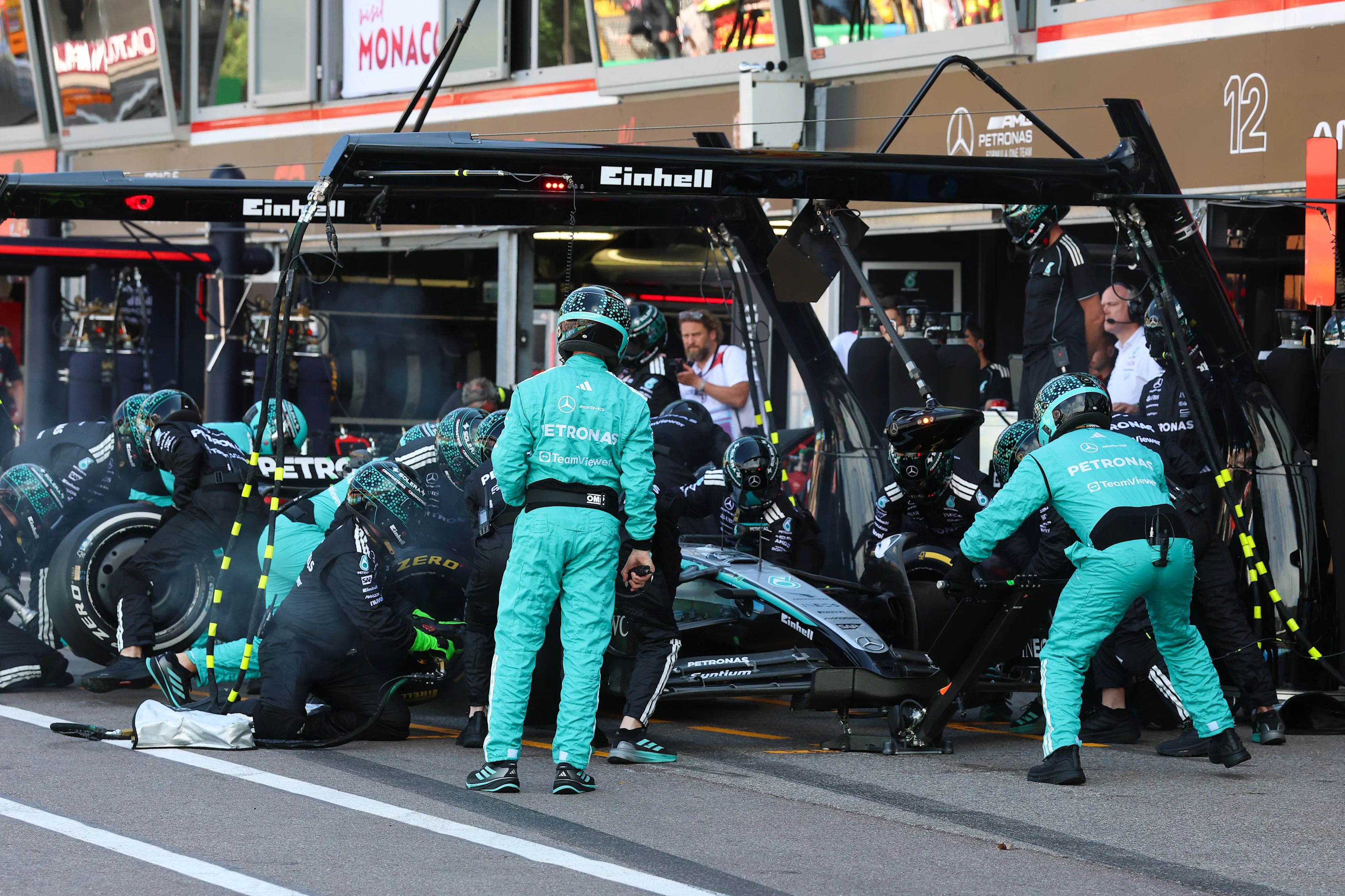 MONTE-CARLO, MONACO - MAY 25: George Russell of Great Britain driving the (63) Mercedes AMG Petronas F1 Team W16 makes a pitstop during the F1 Grand Prix of Monaco at Circuit de Monaco on May 25, 2025 in Monte-Carlo, Monaco. (Photo by Steven Tee/Getty Images)
