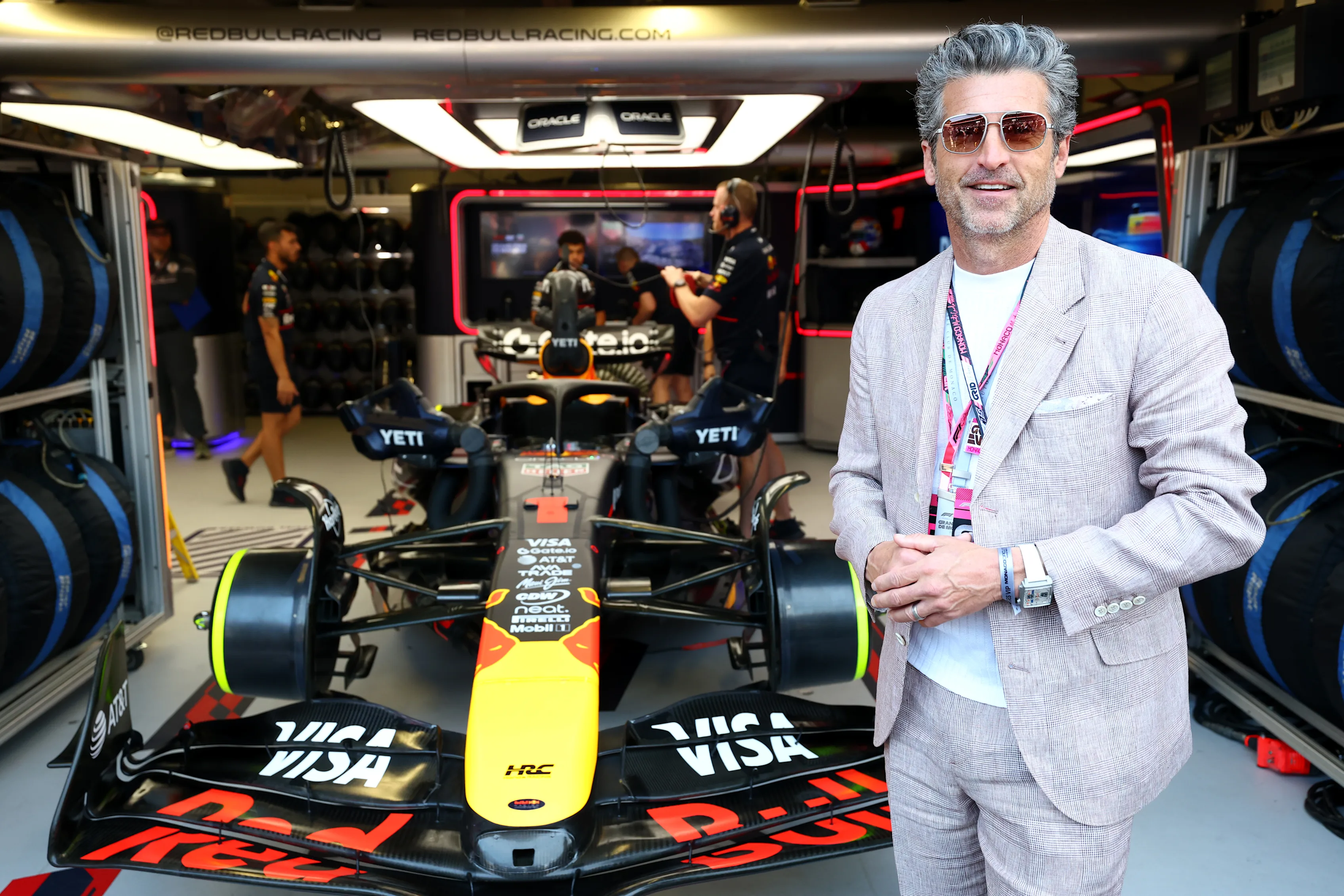 MONTE-CARLO, MONACO - MAY 25: Patrick Dempsey outside the Oracle Red Bull Racing garage during the