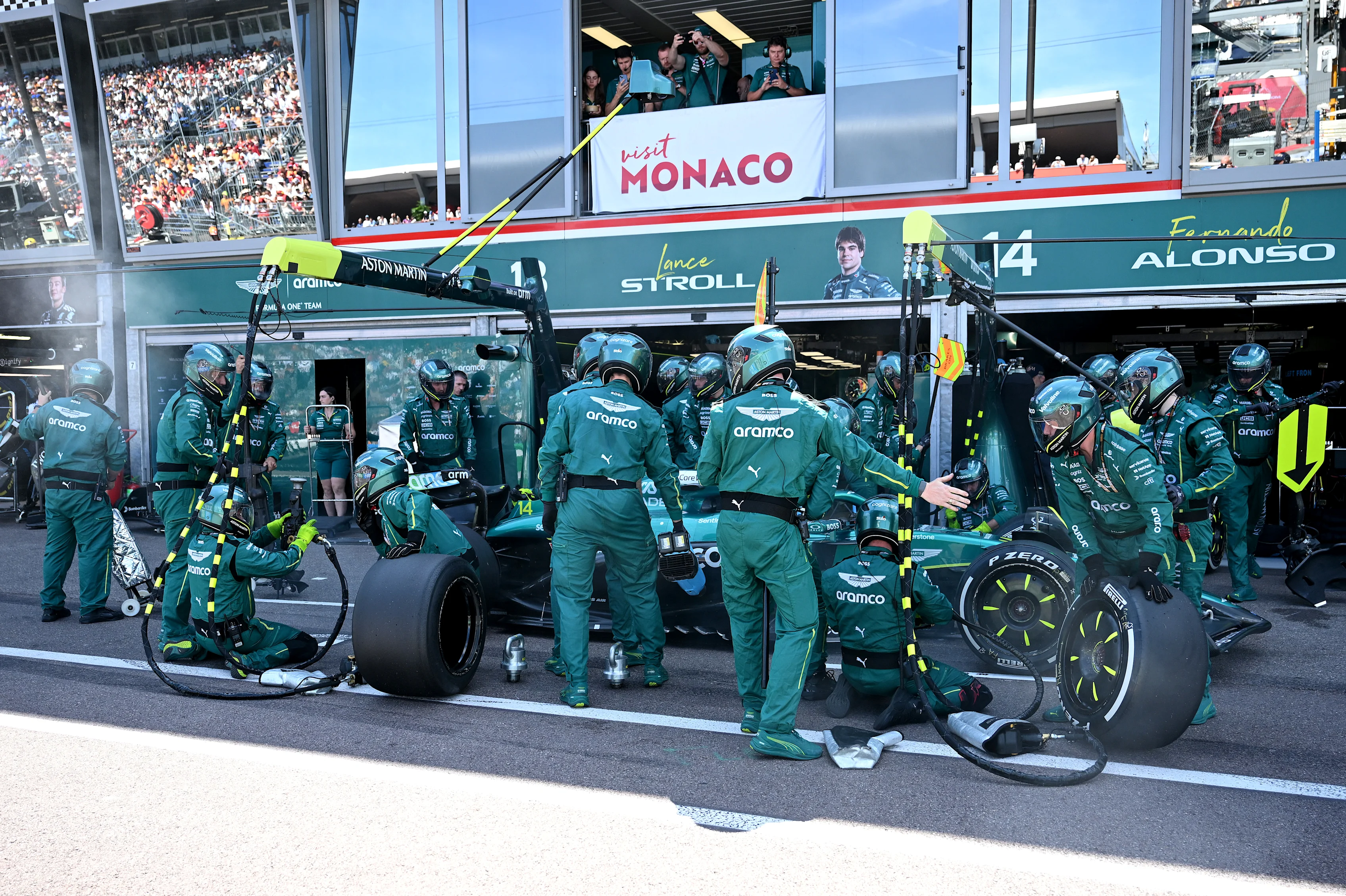 Fernando Alonso of Spain driving the (14) Aston Martin F1 Team AMR25 Mercedes makes a pitstop during the F1 Grand Prix of Monaco at Circuit de Monaco on May 25, 2025 in Monte-Carlo, Monaco. (Photo by Mark Sutton - Formula 1/Formula 1 via Getty Images)