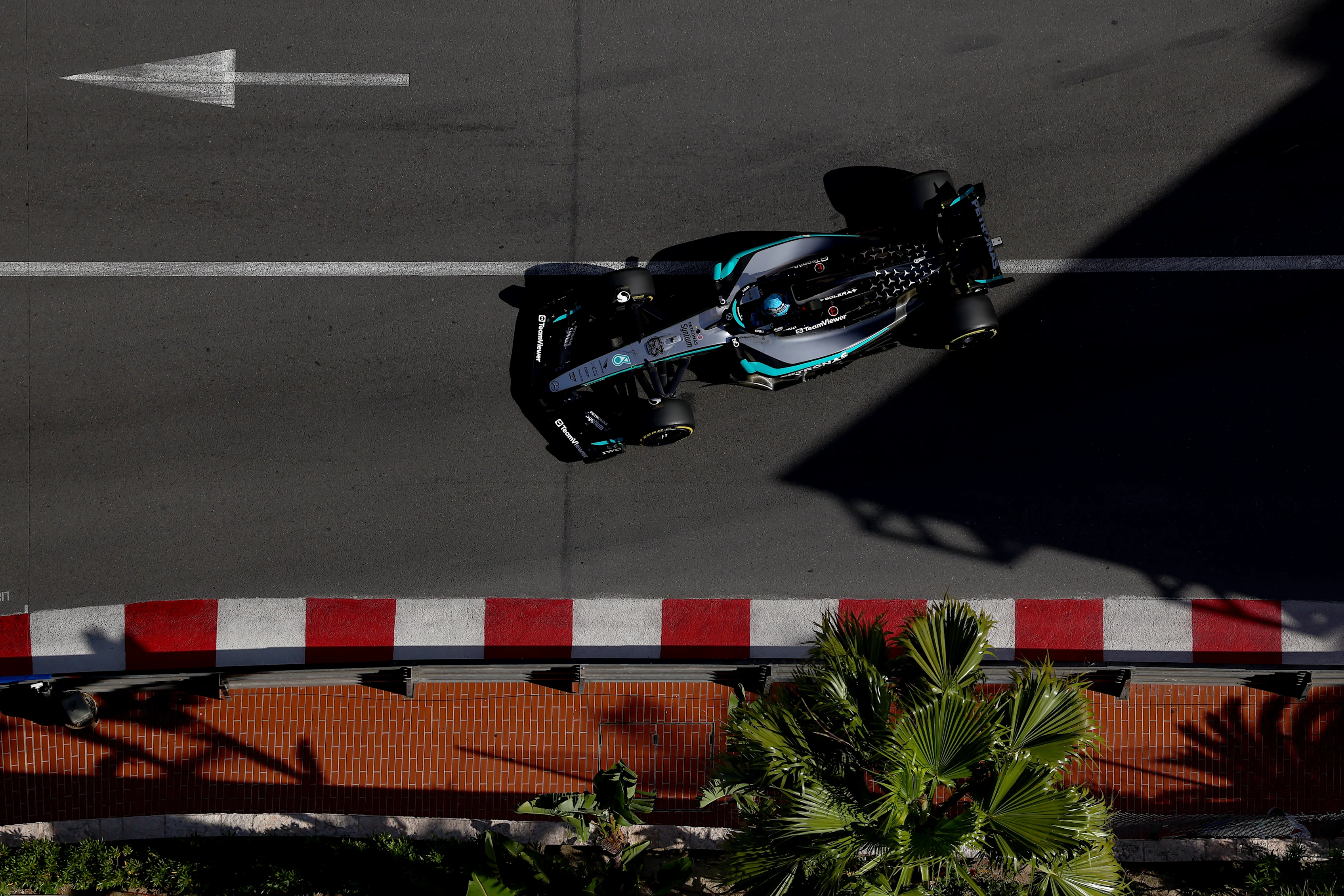 MONTE-CARLO, MONACO - MAY 23: George Russell of Great Britain driving the (63) Mercedes AMG Petronas F1 Team W16 on track during practice ahead of the F1 Grand Prix of Monaco at Circuit de Monaco on May 23, 2025 in Monte-Carlo, Monaco. (Photo by Bryn Lennon - Formula 1/Formula 1 via Getty Images)