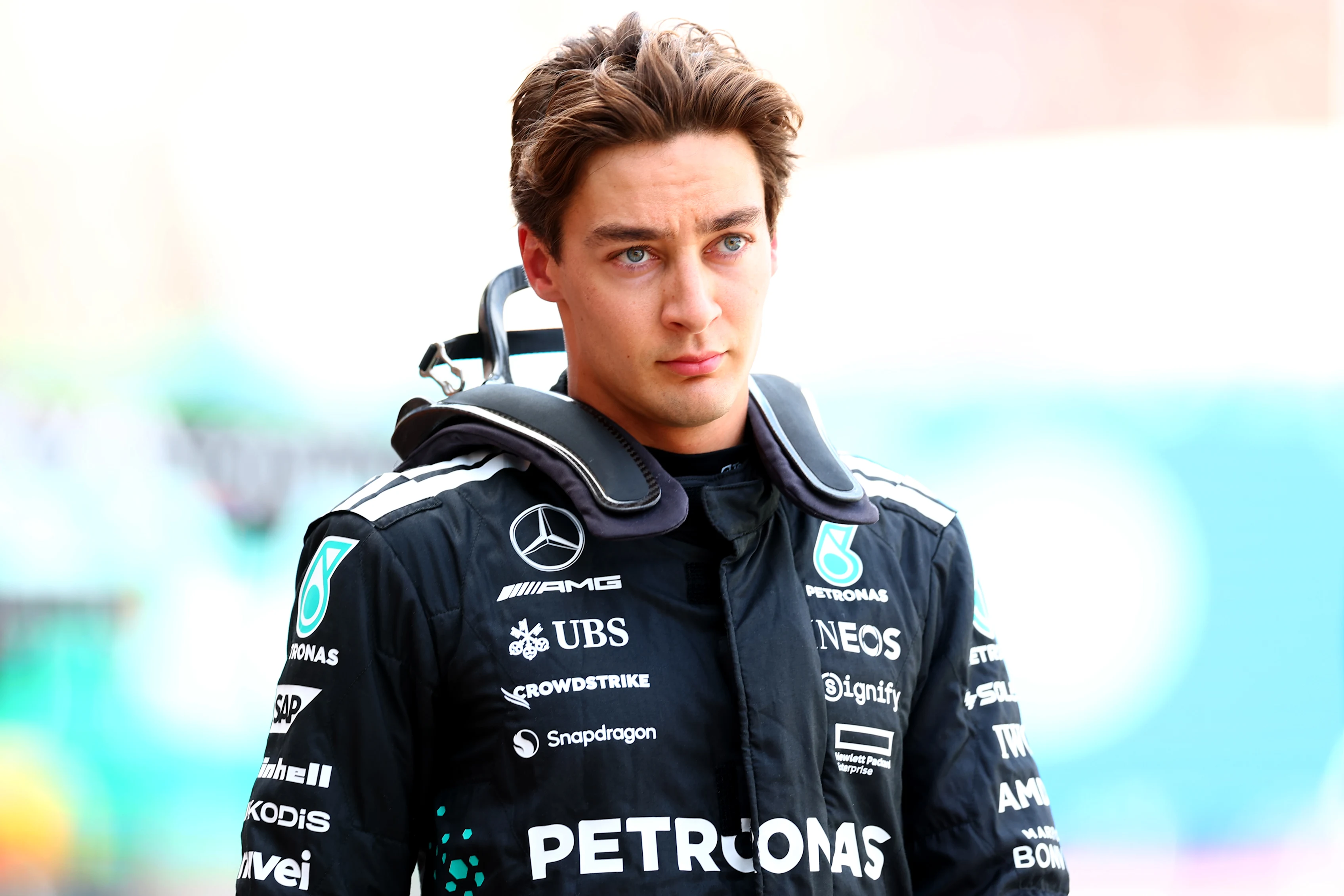 MONTE-CARLO, MONACO - MAY 24: Fourteenth placed qualifier George Russell of Great Britain and Mercedes AMG Petronas F1 Team looks on during qualifying ahead of the F1 Grand Prix of Monaco at Circuit de Monaco on May 24, 2025 in Monte-Carlo, Monaco (Photo by Bryn Lennon - Formula 1/Formula 1 via Getty Images)