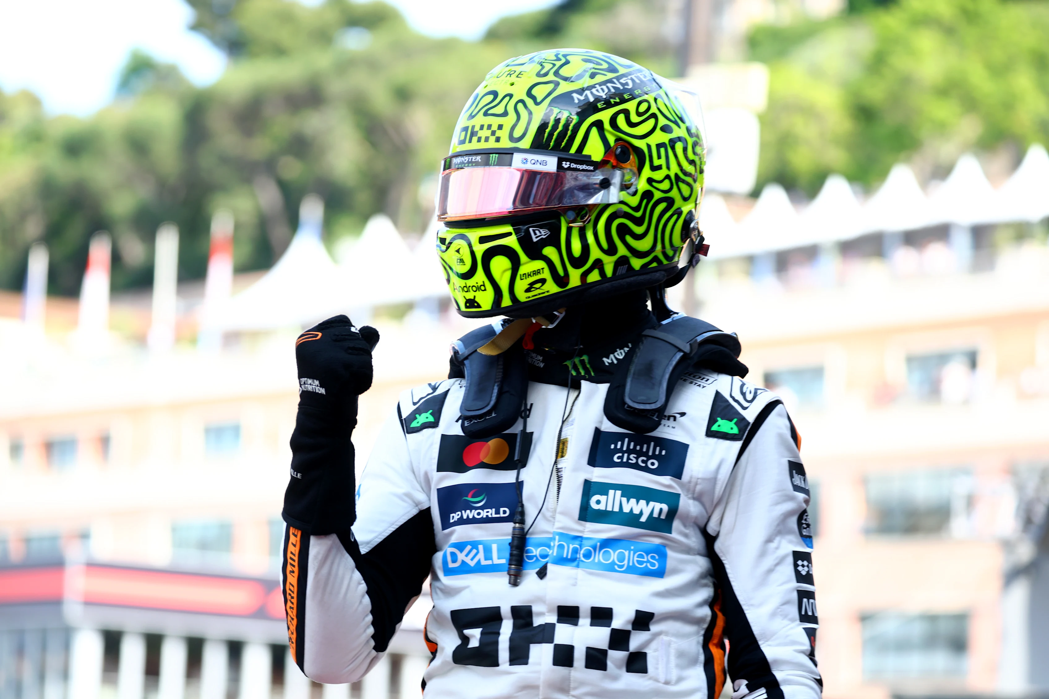 MONTE-CARLO, MONACO - MAY 24: Pole position qualifier Lando Norris of Great Britain and McLaren celebrates on arrival in parc ferme during qualifying ahead of the F1 Grand Prix of Monaco at Circuit de Monaco on May 24, 2025 in Monte-Carlo, Monaco (Photo by Mark Thompson/Getty Images)