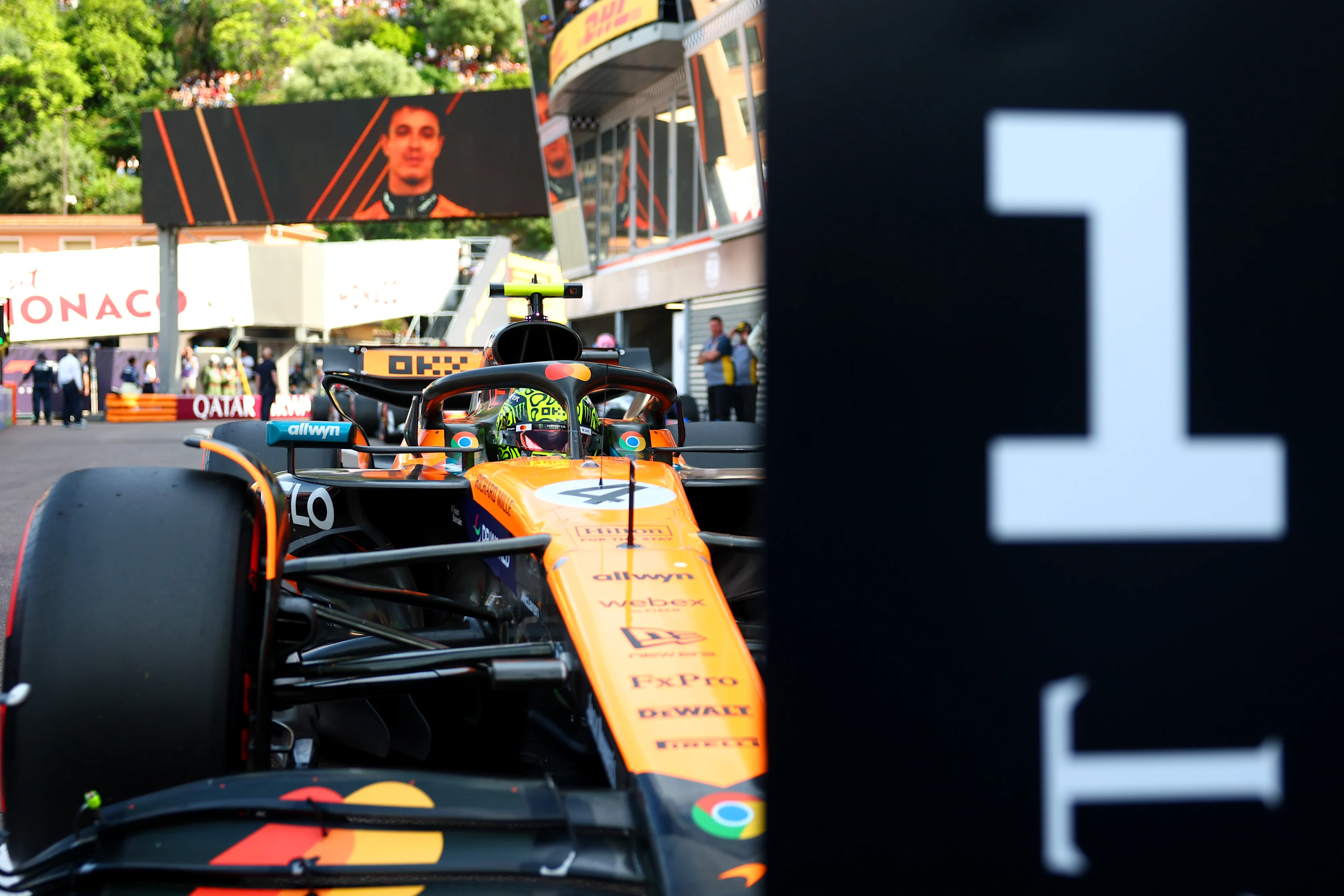 MONTE-CARLO, MONACO - MAY 24: Pole position qualifier Lando Norris of Great Britain and McLaren arrives in parc ferme during qualifying ahead of the F1 Grand Prix of Monaco at Circuit de Monaco on May 24, 2025 in Monte-Carlo, Monaco (Photo by Bryn Lennon - Formula 1/Formula 1 via Getty Images)