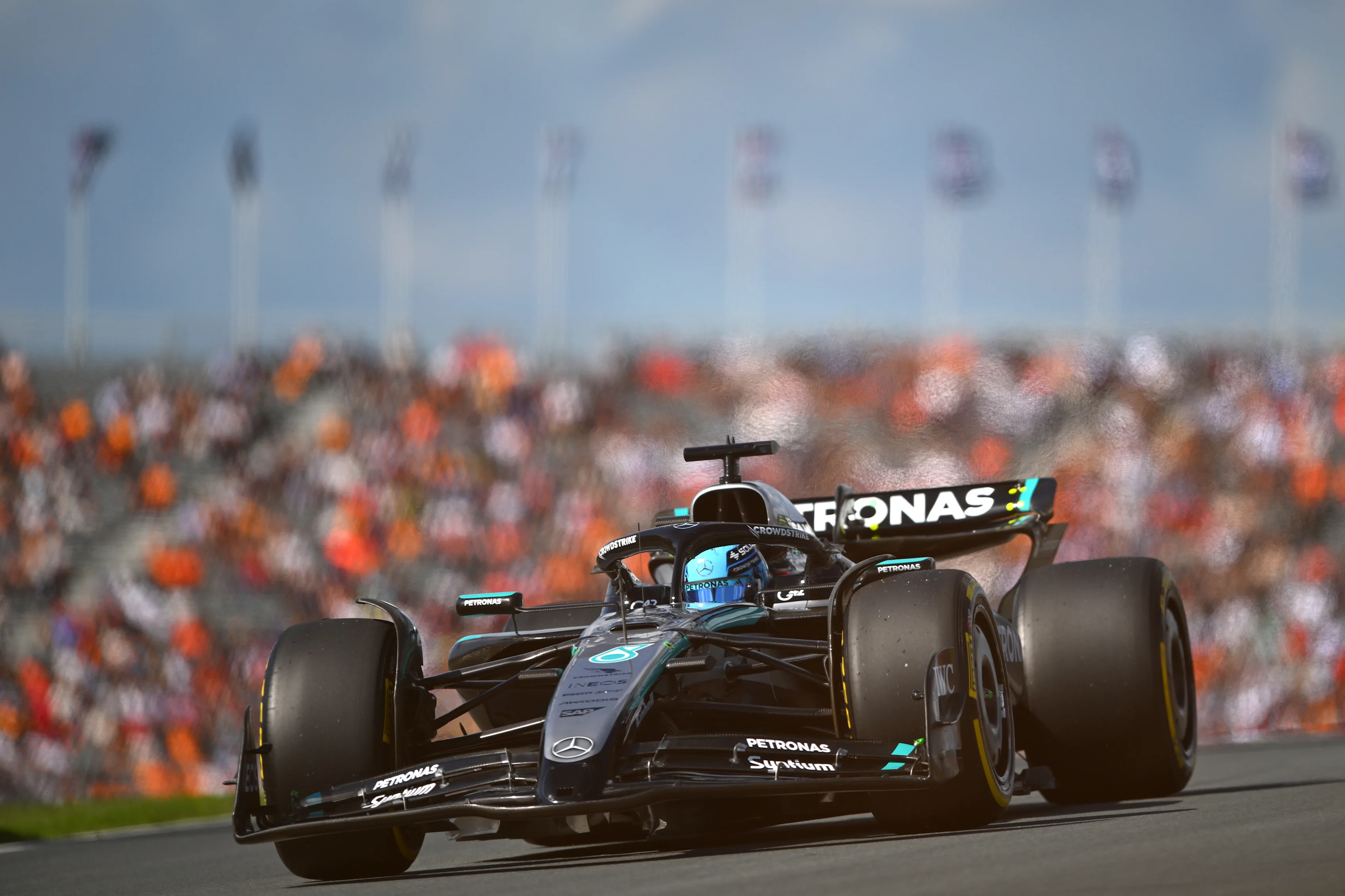 ZANDVOORT, NETHERLANDS - AUGUST 30: George Russell of Great Britain driving the (63) Mercedes AMG