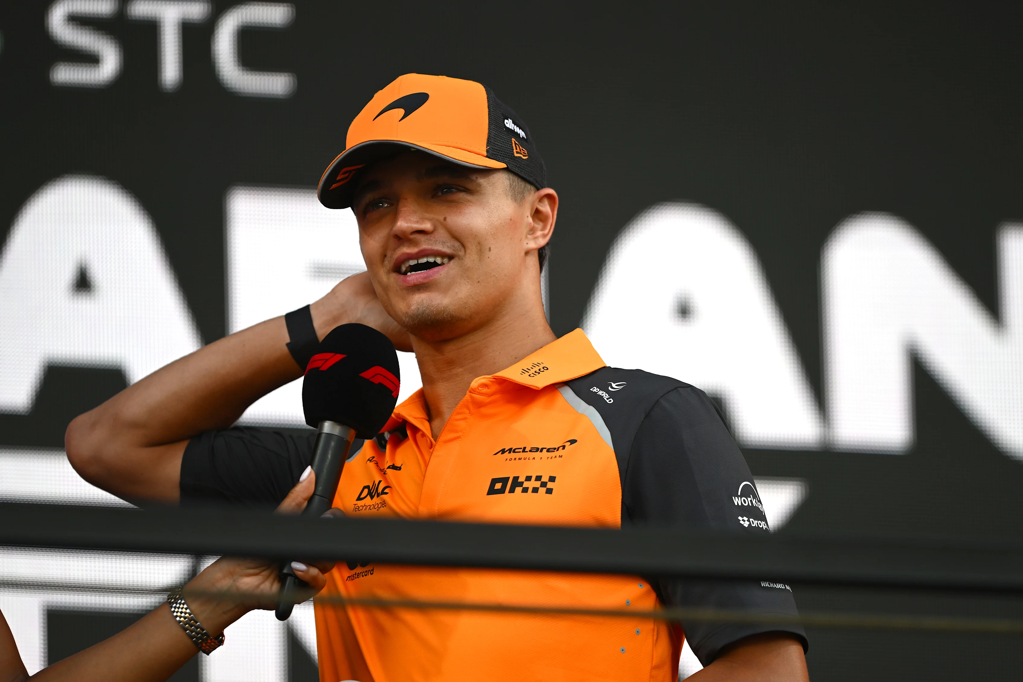 JEDDAH, SAUDI ARABIA - APRIL 20: Lando Norris of Great Britain and McLaren is interviewed on the