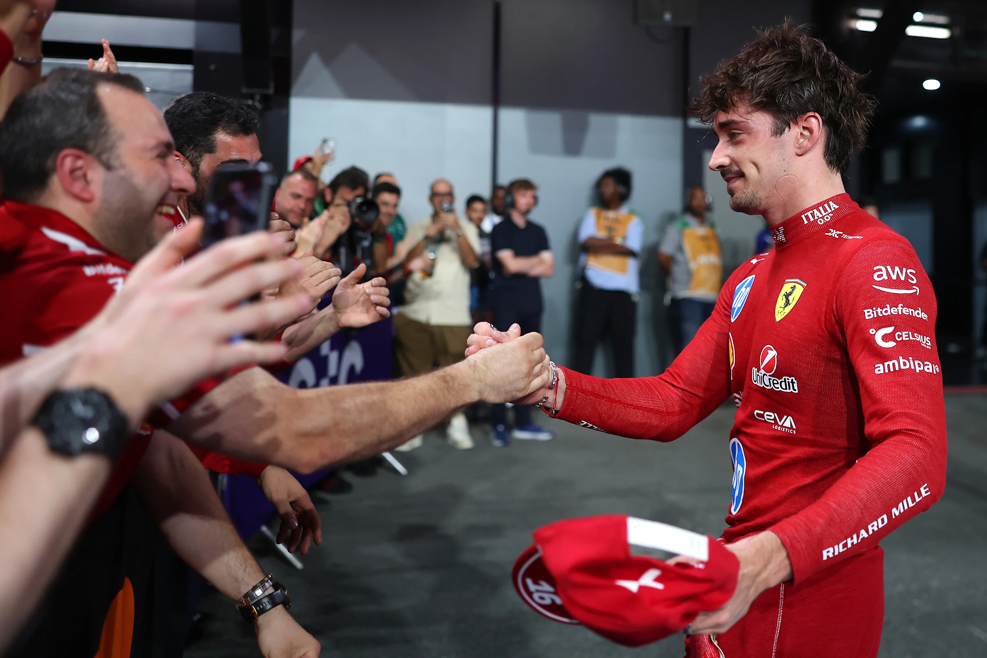 JEDDAH, SAUDI ARABIA - APRIL 20: Third placed Charles Leclerc of Monaco and Scuderia Ferrari
