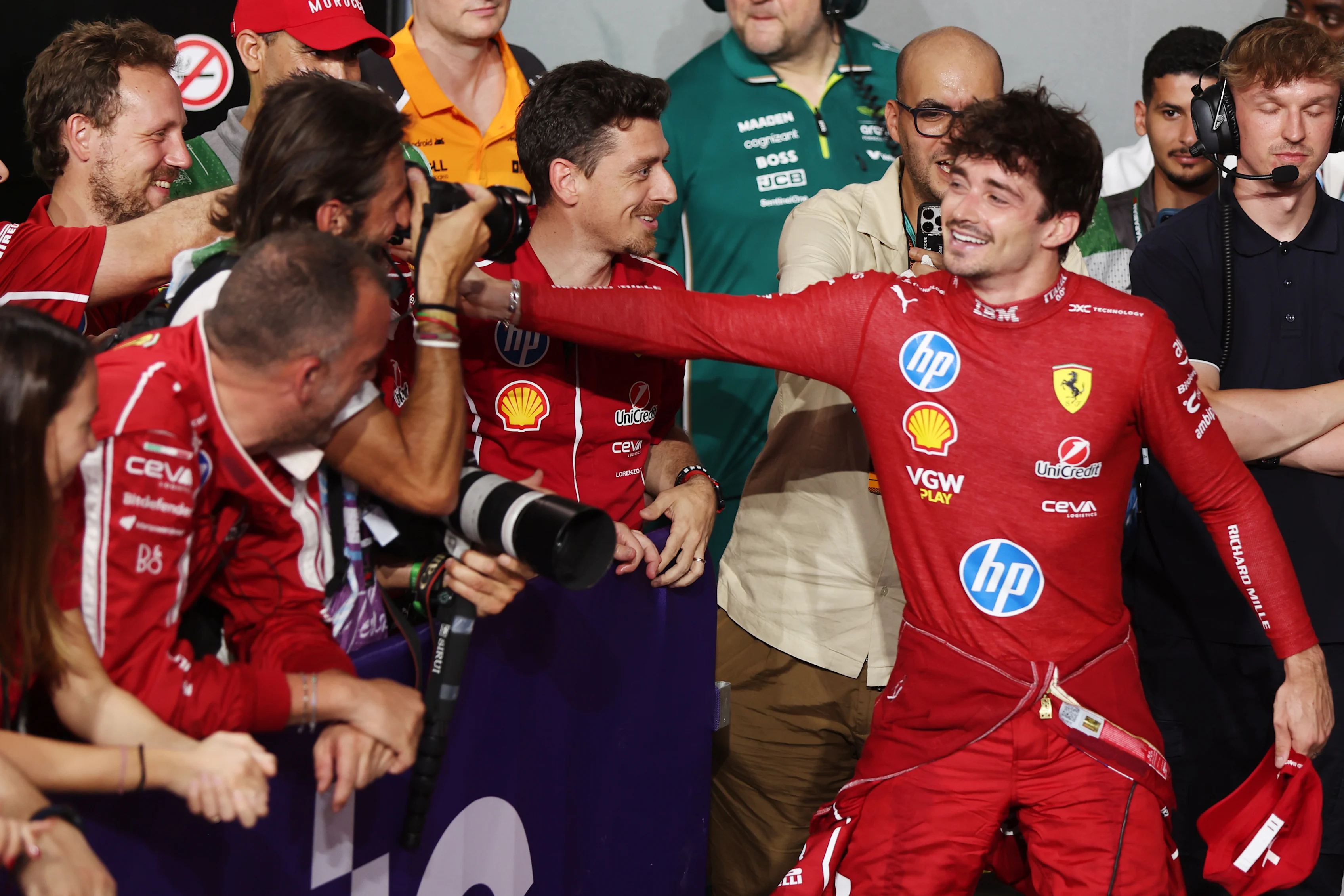 JEDDAH, SAUDI ARABIA - APRIL 20: Third placed Charles Leclerc of Monaco and Scuderia Ferrari celebrates with his team in parc ferme during the F1 Grand Prix of Saudi Arabia at Jeddah Corniche Circuit on April 20, 2025 in Jeddah, Saudi Arabia. (Photo by Meg Oliphant/Getty Images)