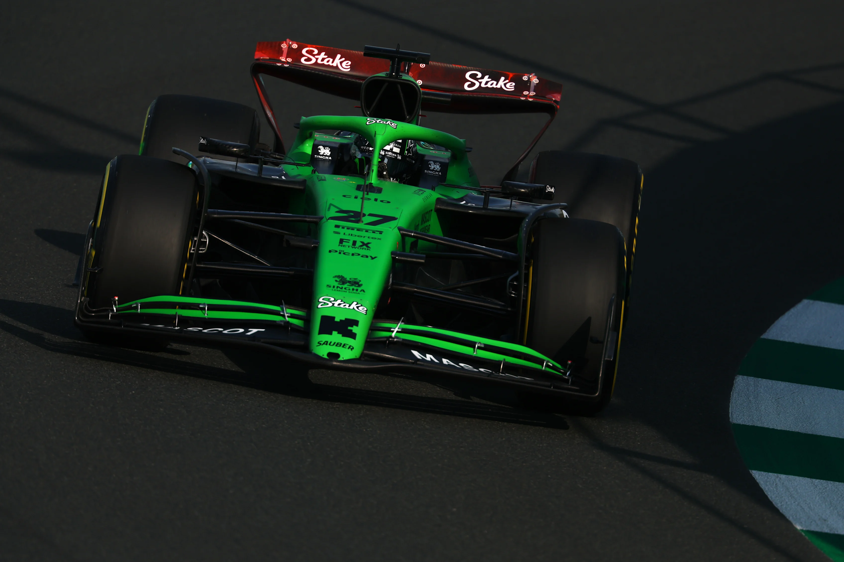 JEDDAH, SAUDI ARABIA - APRIL 18: Nico Hulkenberg of Germany driving the (27) Kick Sauber C45 Ferrari on track during practice ahead of the F1 Grand Prix of Saudi Arabia at Jeddah Corniche Circuit on April 18, 2025 in Jeddah, Saudi Arabia. (Photo by Clive Rose - Formula 1/Formula 1 via Getty Images)