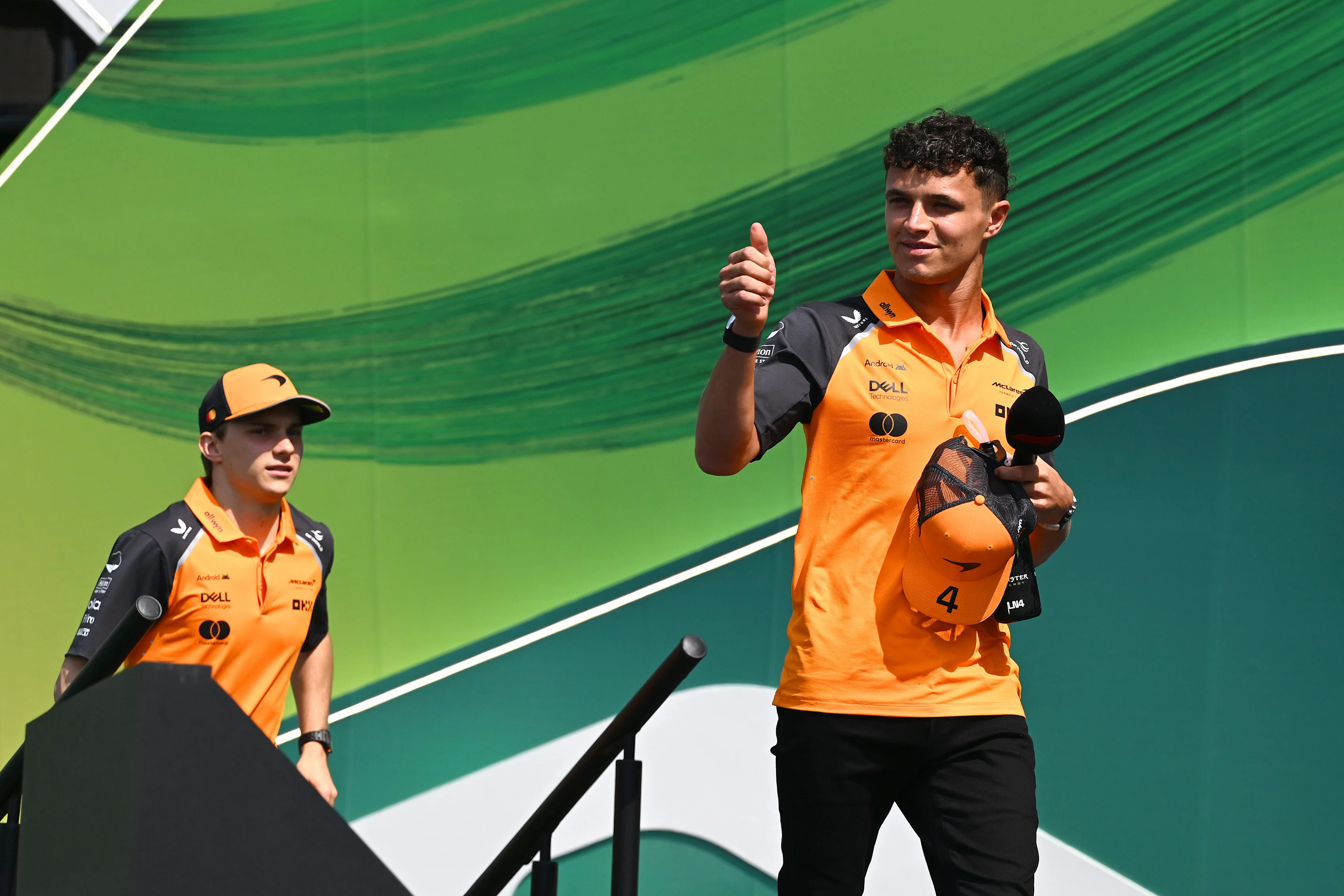 JEDDAH, SAUDI ARABIA - APRIL 18: Lando Norris of Great Britain and McLaren and Oscar Piastri of
