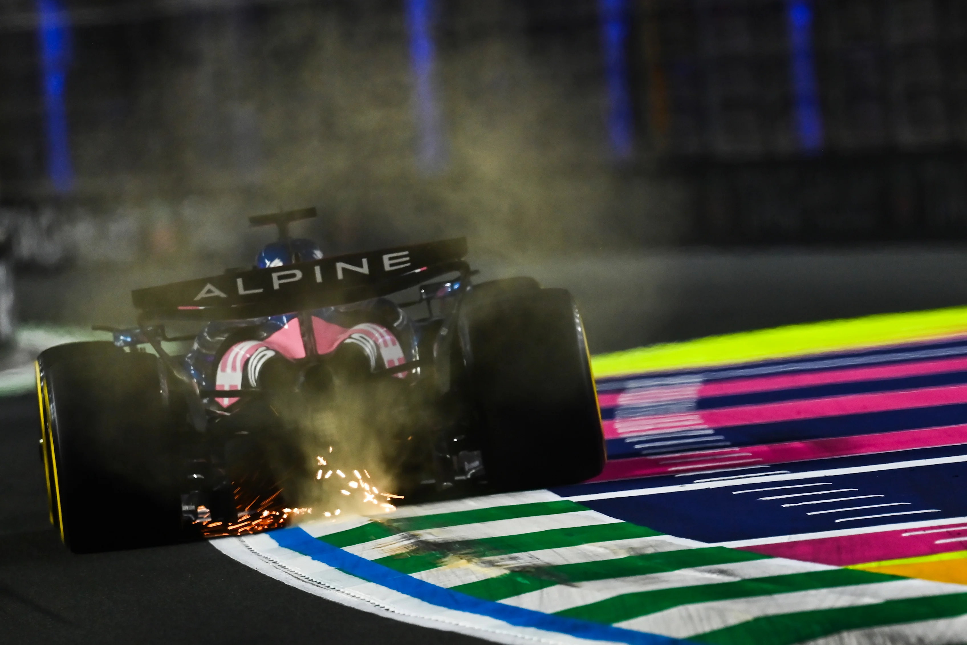 JEDDAH, SAUDI ARABIA - APRIL 18: Sparks fly behind Pierre Gasly of France driving the (10) Alpine F1 A525 Renault on track during practice ahead of the F1 Grand Prix of Saudi Arabia at Jeddah Corniche Circuit on April 18, 2025 in Jeddah, Saudi Arabia. (Photo by James Sutton - Formula 1/Formula 1 via Getty Images)
