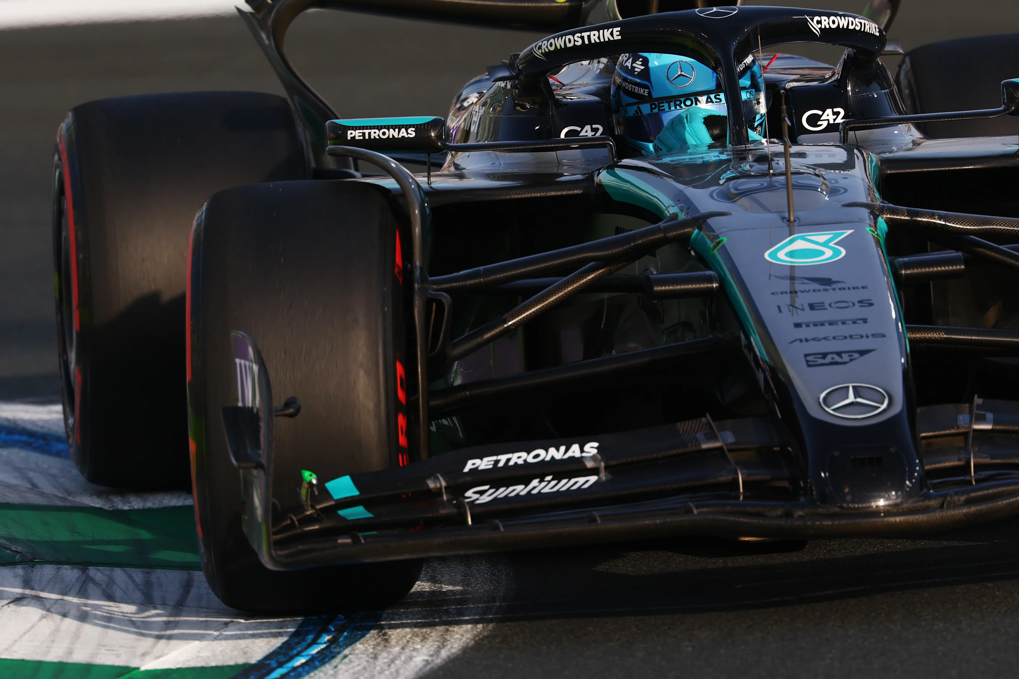 JEDDAH, SAUDI ARABIA - APRIL 19: George Russell of Great Britain driving the (63) Mercedes AMG Petronas F1 Team W16 on track during final practice ahead of the F1 Grand Prix of Saudi Arabia at Jeddah Corniche Circuit on April 19, 2025 in Jeddah, Saudi Arabia. (Photo by Clive Rose - Formula 1/Formula 1 via Getty Images)