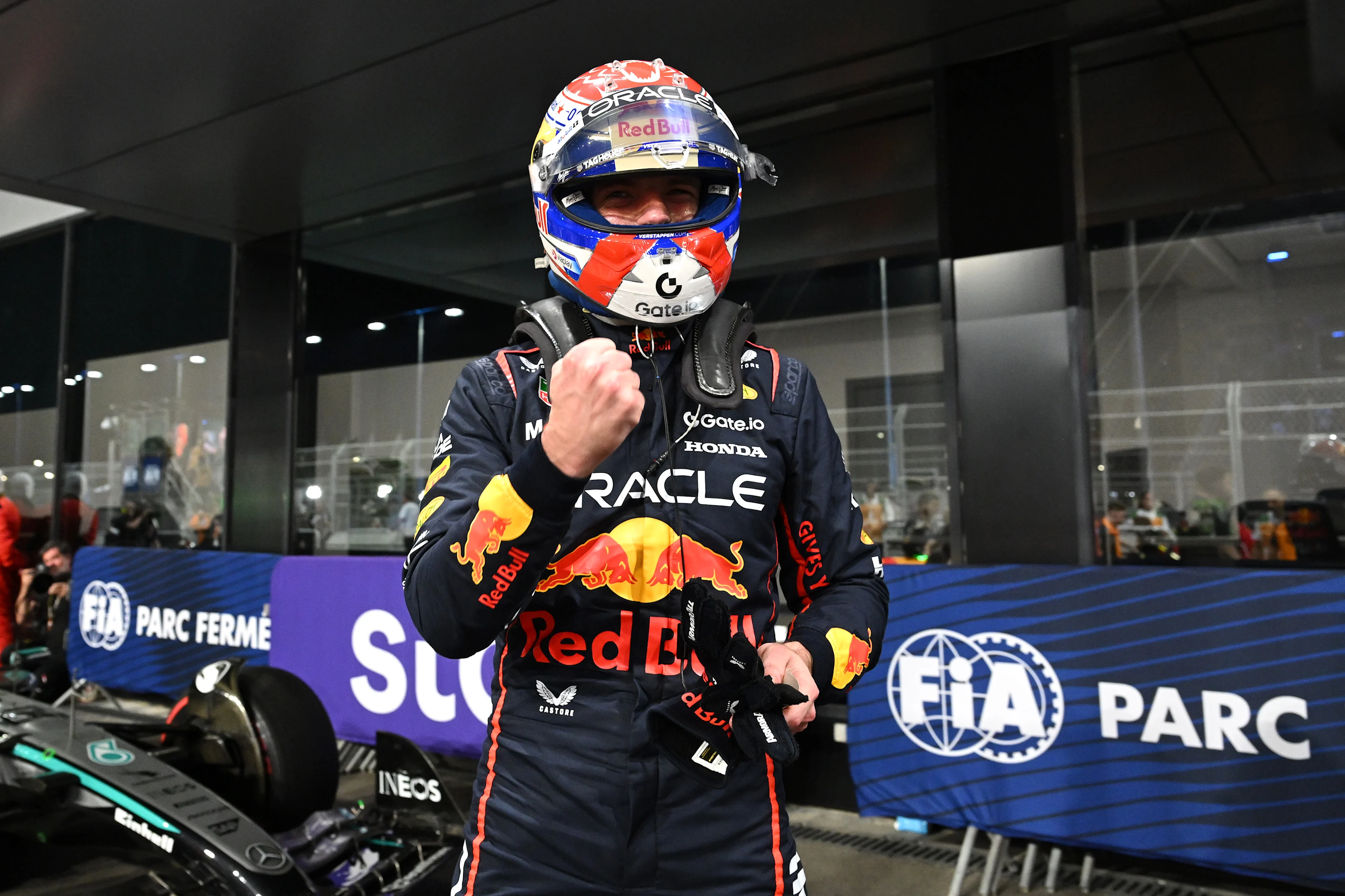 JEDDAH, SAUDI ARABIA - APRIL 19: Pole position qualifier Max Verstappen of the Netherlands and Oracle Red Bull Racing celebrates in parc ferme  during qualifying ahead of the F1 Grand Prix of Saudi Arabia at Jeddah Corniche Circuit on April 19, 2025 in Jeddah, Saudi Arabia. (Photo by Mark Sutton - Formula 1/Formula 1 via Getty Images)