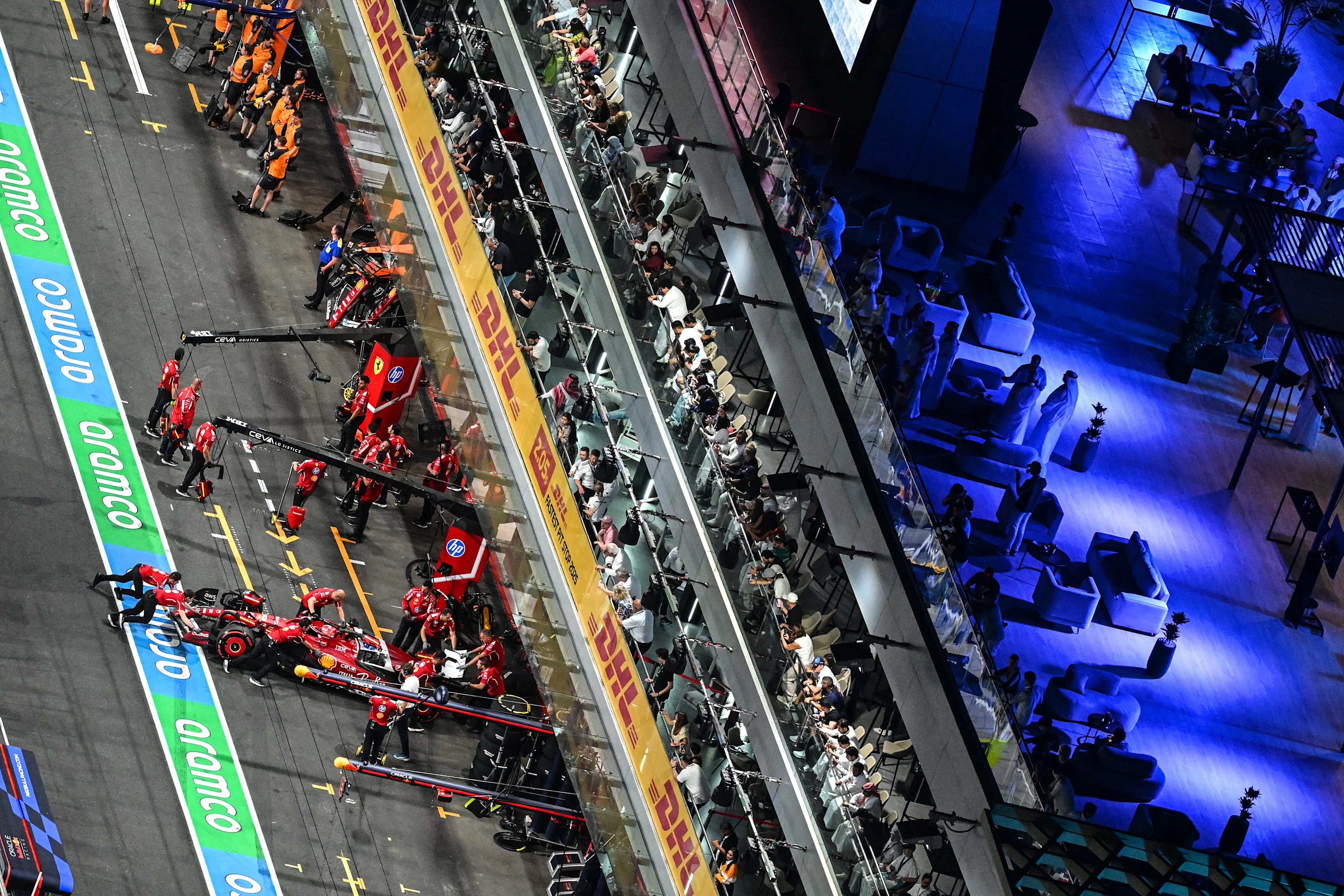 JEDDAH, SAUDI ARABIA - APRIL 19: Charles Leclerc of Monaco driving the (16) Scuderia Ferrari SF-25 is returned to the garage during qualifying ahead of the F1 Grand Prix of Saudi Arabia at Jeddah Corniche Circuit on April 19, 2025 in Jeddah, Saudi Arabia. (Photo by Pauline Ballet - Formula 1/Formula 1 via Getty Images)