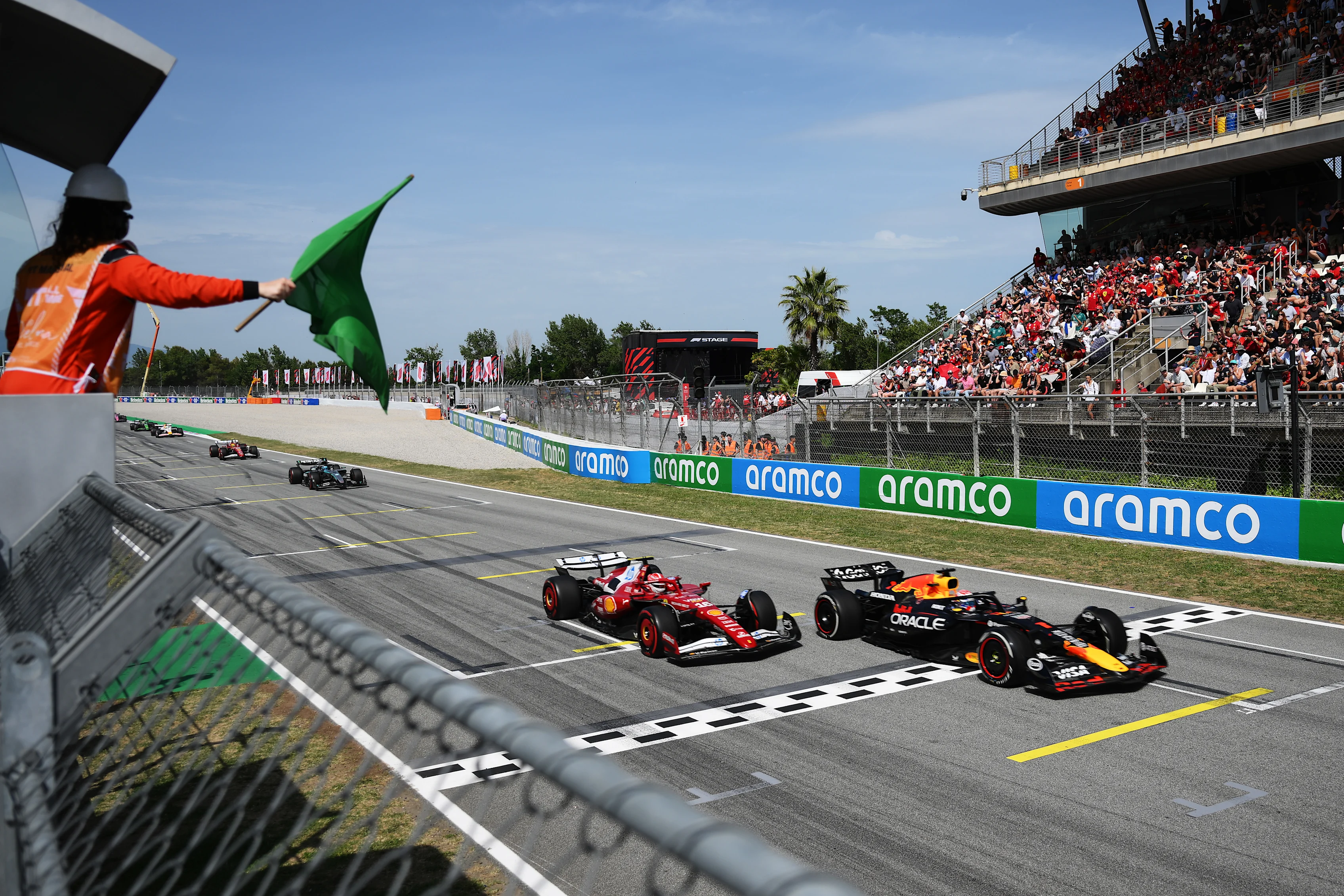 Charles Leclerc and Max Verstappen battle for track position during the F1 Grand Prix of Spain at Circuit de Barcelona-Catalunya on June 01, 2025 in Barcelona, Spain. (Photo by David Ramos/Getty Images)