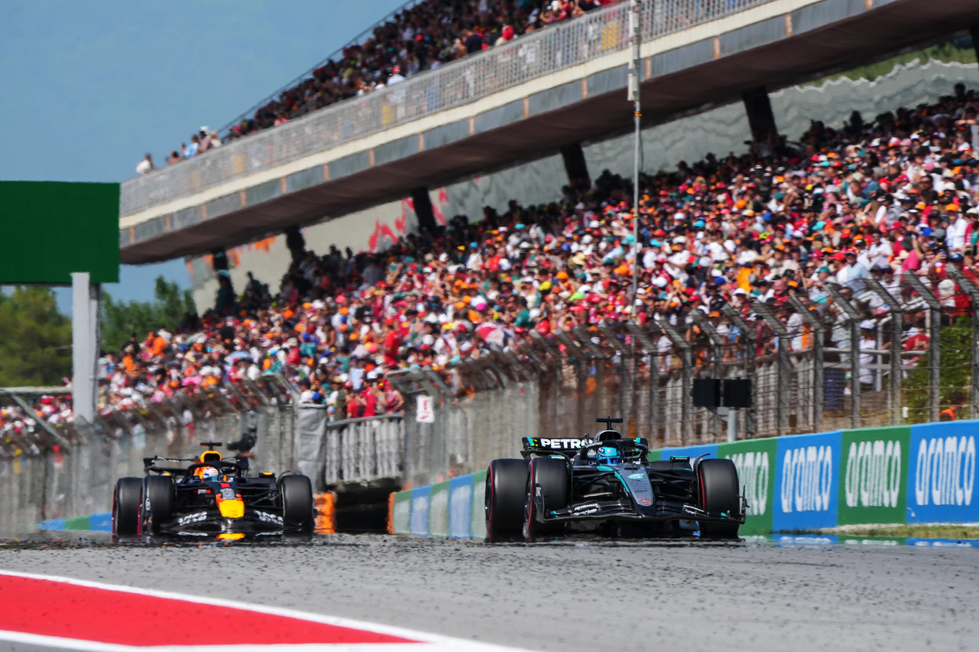George Russell leads Max Verstappen on track during the F1 Grand Prix of Spain at Circuit de Barcelona-Catalunya on June 01, 2025 in Barcelona, Spain. (Photo by Malcolm Griffiths - Formula 1/Formula 1 via Getty Images)