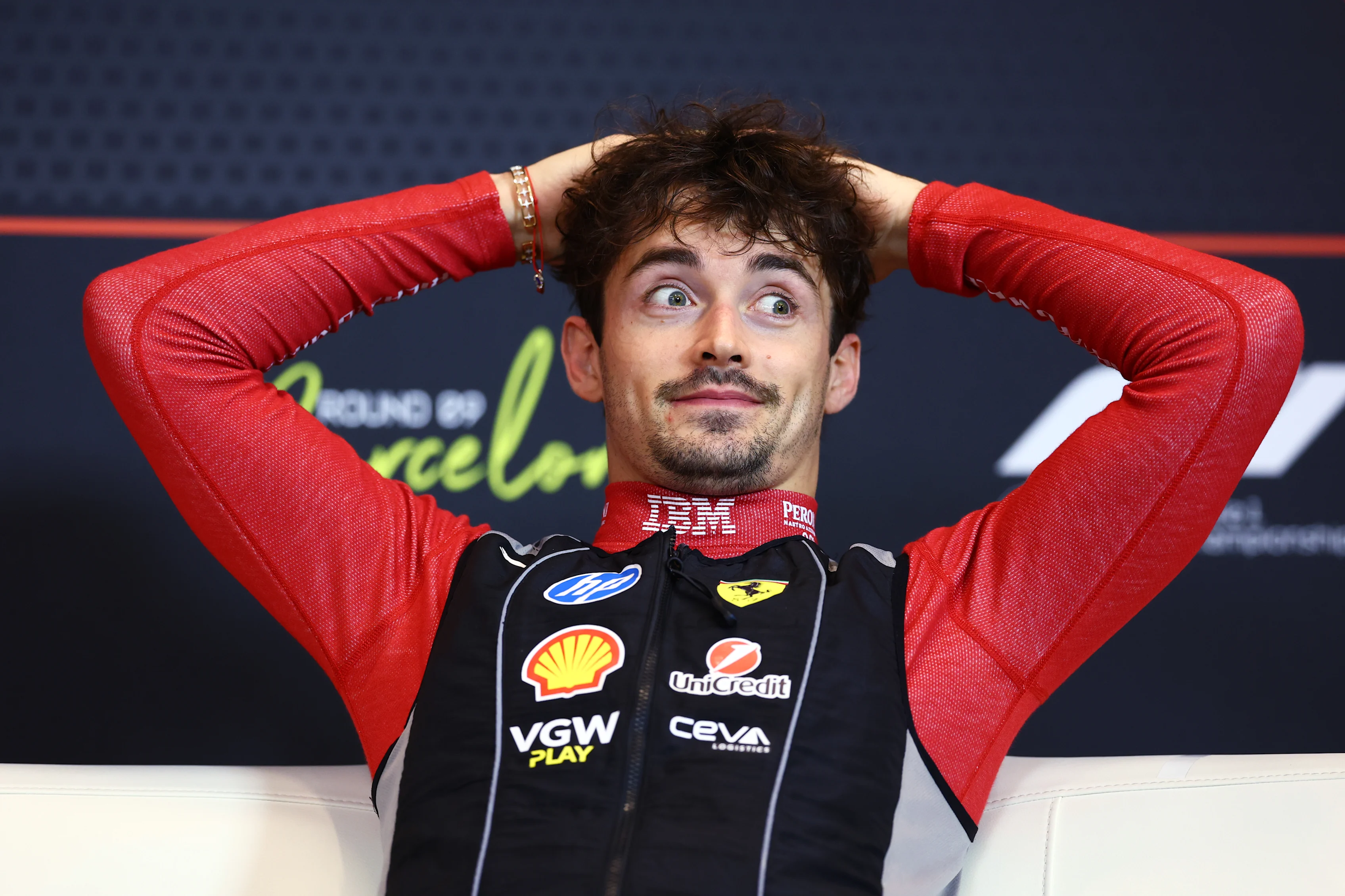 BARCELONA, SPAIN - JUNE 01: Third placed Charles Leclerc of Monaco and Scuderia Ferrari in the Drivers Press Conference during the F1 Grand Prix of Spain at Circuit de Barcelona-Catalunya on June 01, 2025 in Barcelona, Spain. (Photo by Clive Rose/Getty Images)
