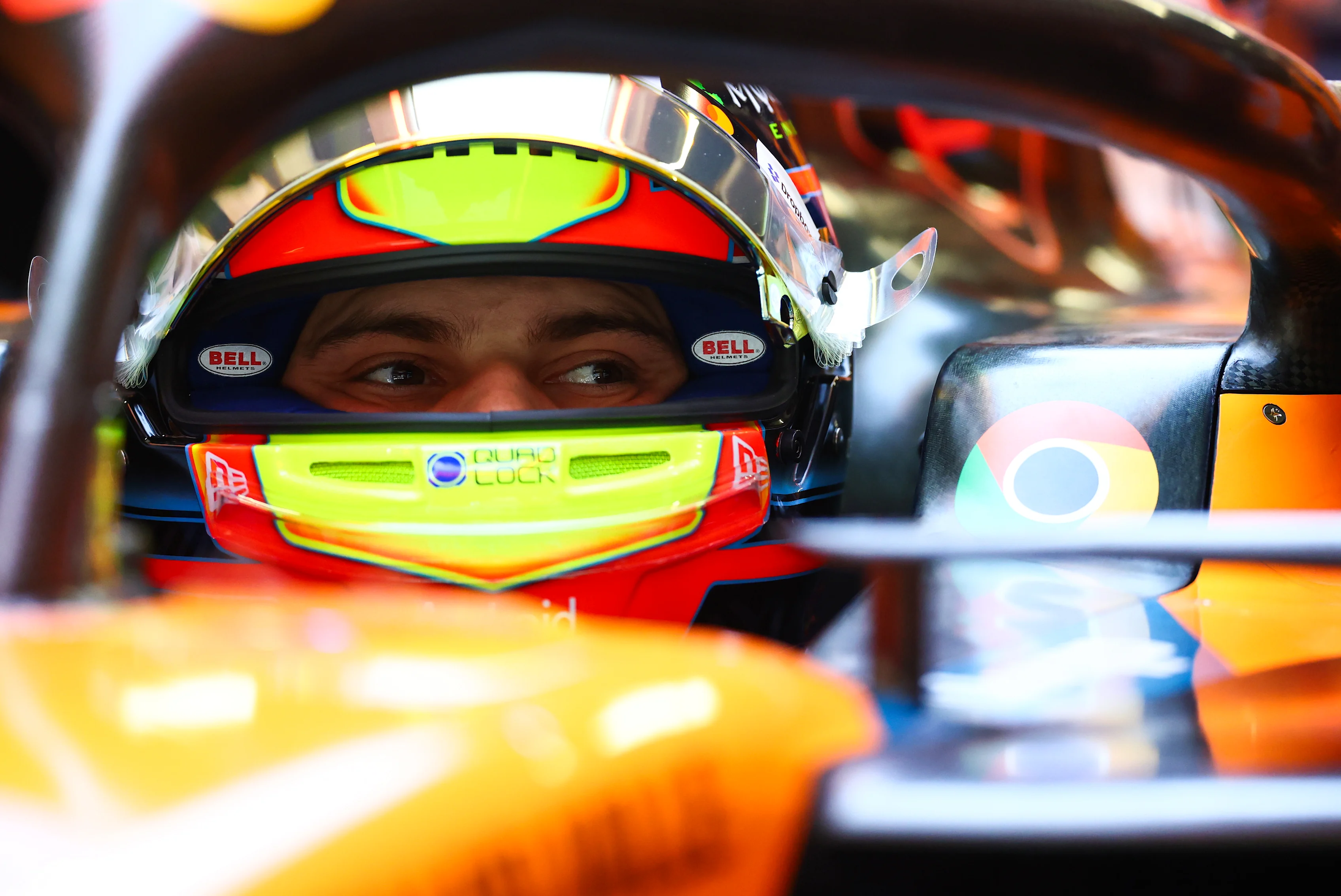 BARCELONA, SPAIN - MAY 30: Oscar Piastri of Australia and McLaren looks on in the garage during practice ahead of the F1 Grand Prix of Spain at Circuit de Barcelona-Catalunya on May 30, 2025 in Barcelona, Spain. (Photo by Clive Rose - Formula 1/Formula 1 via Getty Images)