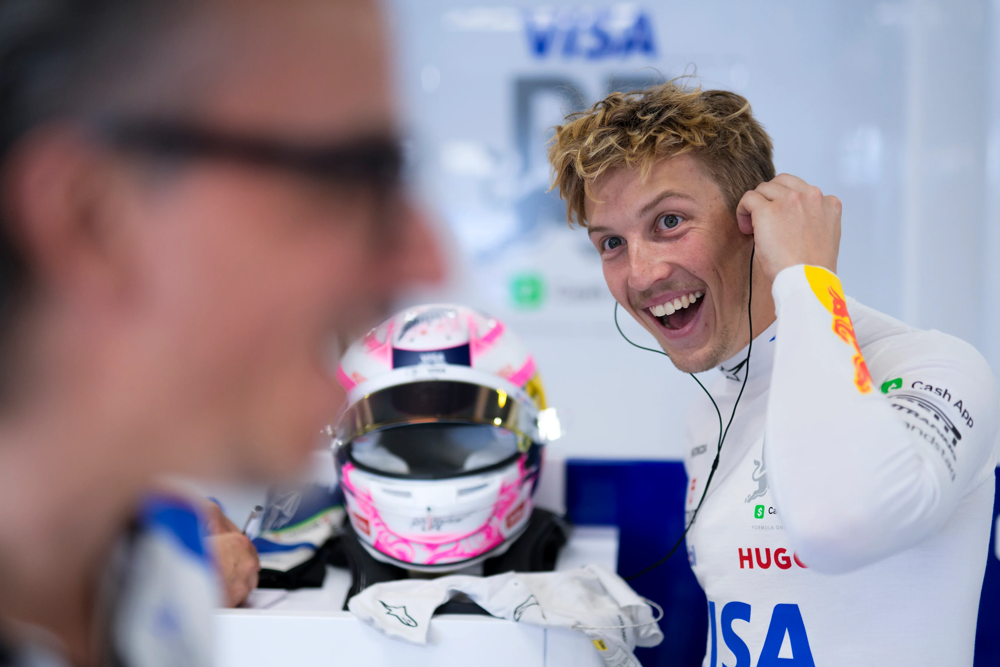 BARCELONA, SPAIN - MAY 30: Liam Lawson of New Zealand and Visa Cash App Racing Bulls looks on in the garage during practice ahead of the F1 Grand Prix of Spain at Circuit de Barcelona-Catalunya on May 30, 2025 in Barcelona, Spain. (Photo by Rudy Carezzevoli/Getty Images)
