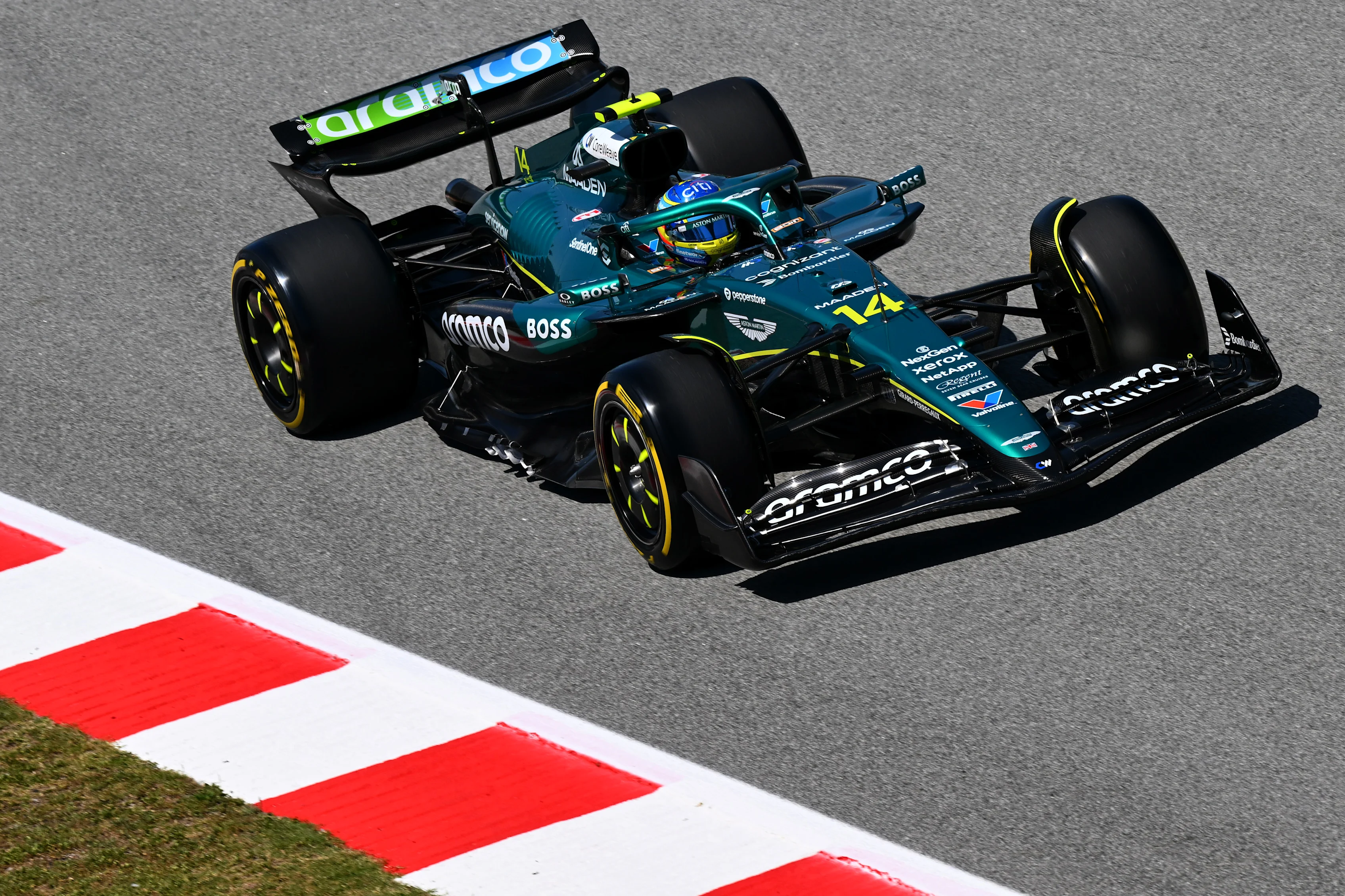BARCELONA, SPAIN - MAY 31: Fernando Alonso of Spain driving the (14) Aston Martin F1 Team AMR25 Mercedes on track during final practice ahead of the F1 Grand Prix of Spain at Circuit de Barcelona-Catalunya on May 31, 2025 in Barcelona, Spain. (Photo by Mark Sutton - Formula 1/Formula 1 via Getty Images)