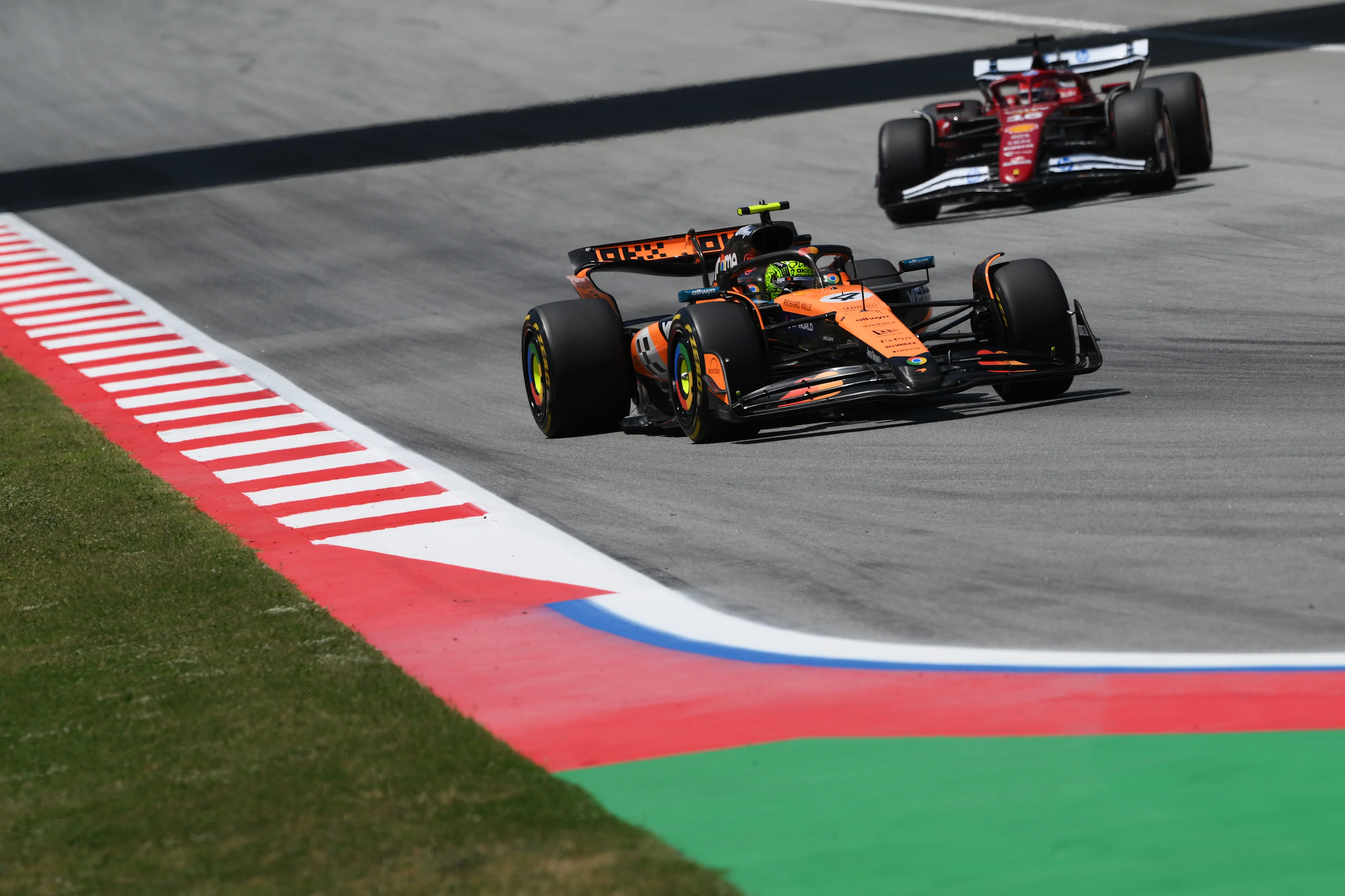 Lando Norris leads Charles Leclerc on track during final practice ahead of the F1 Grand Prix of Spain at Circuit de Barcelona-Catalunya on May 31, 2025 in Barcelona, Spain. (Photo by David Ramos/Getty Images)