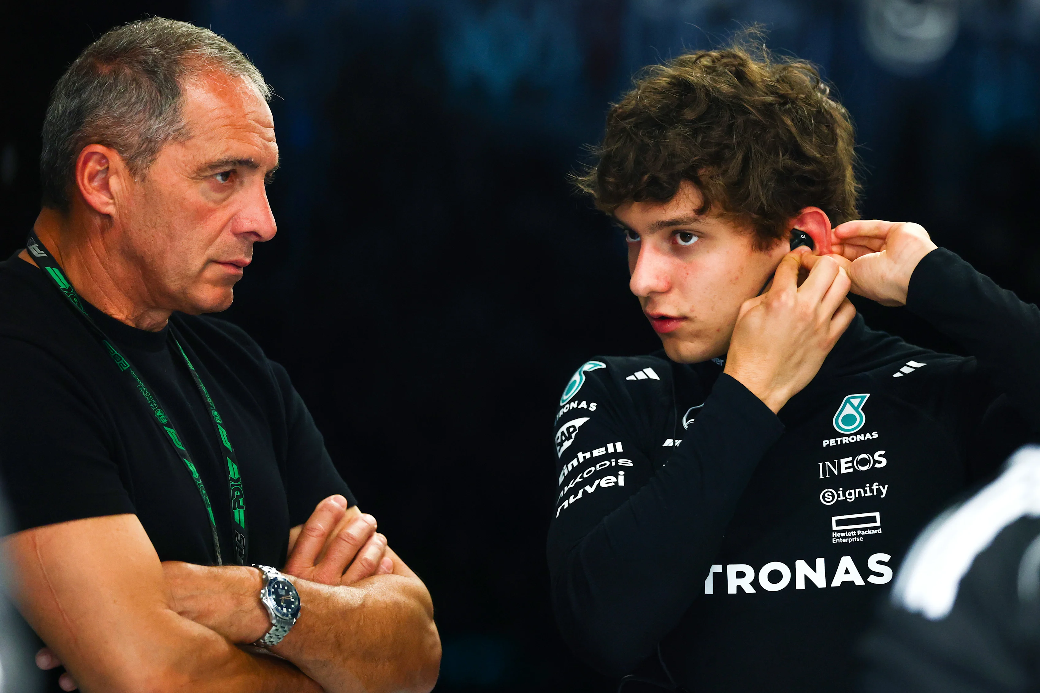 Marco Antonelli and Andrea Kimi Antonelli in the garage during final practice ahead of the F1 Grand Prix of Spain at Circuit de Barcelona-Catalunya on May 31, 2025 in Barcelona, Spain. (Photo by Clive Rose - Formula 1/Formula 1 via Getty Images)