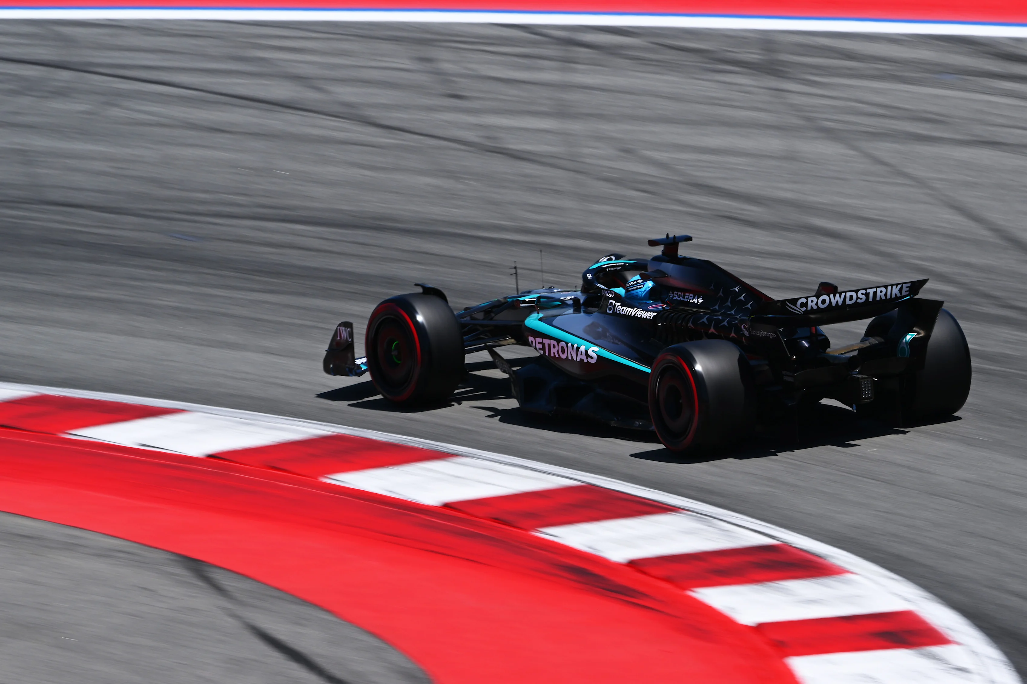 BARCELONA, SPAIN - MAY 31: George Russell of Great Britain driving the (63) Mercedes AMG Petronas F1 Team W16 on track during final practice ahead of the F1 Grand Prix of Spain at Circuit de Barcelona-Catalunya on May 31, 2025 in Barcelona, Spain. (Photo by Mark Sutton - Formula 1/Formula 1 via Getty Images)