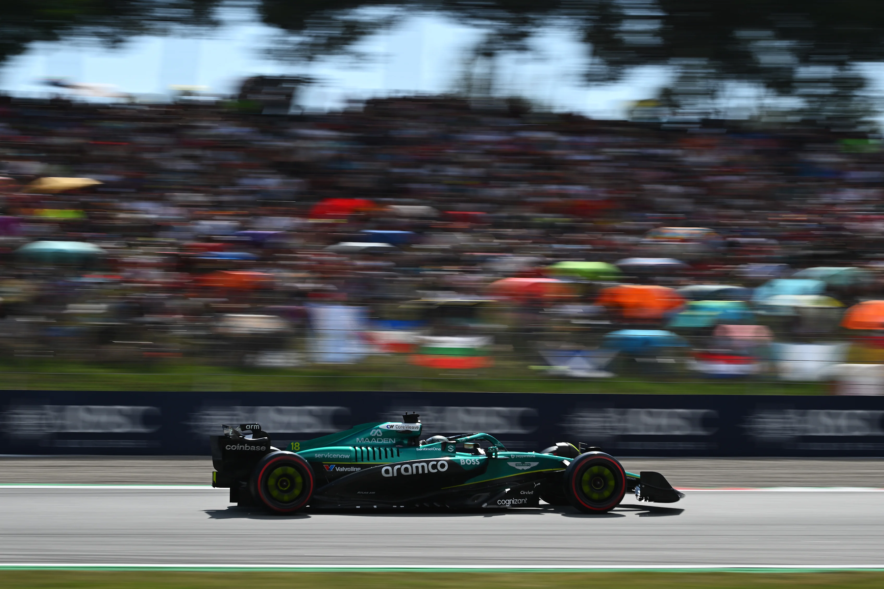 BARCELONA, SPAIN - MAY 31: Lance Stroll of Canada driving the (18) Aston Martin F1 Team AMR25