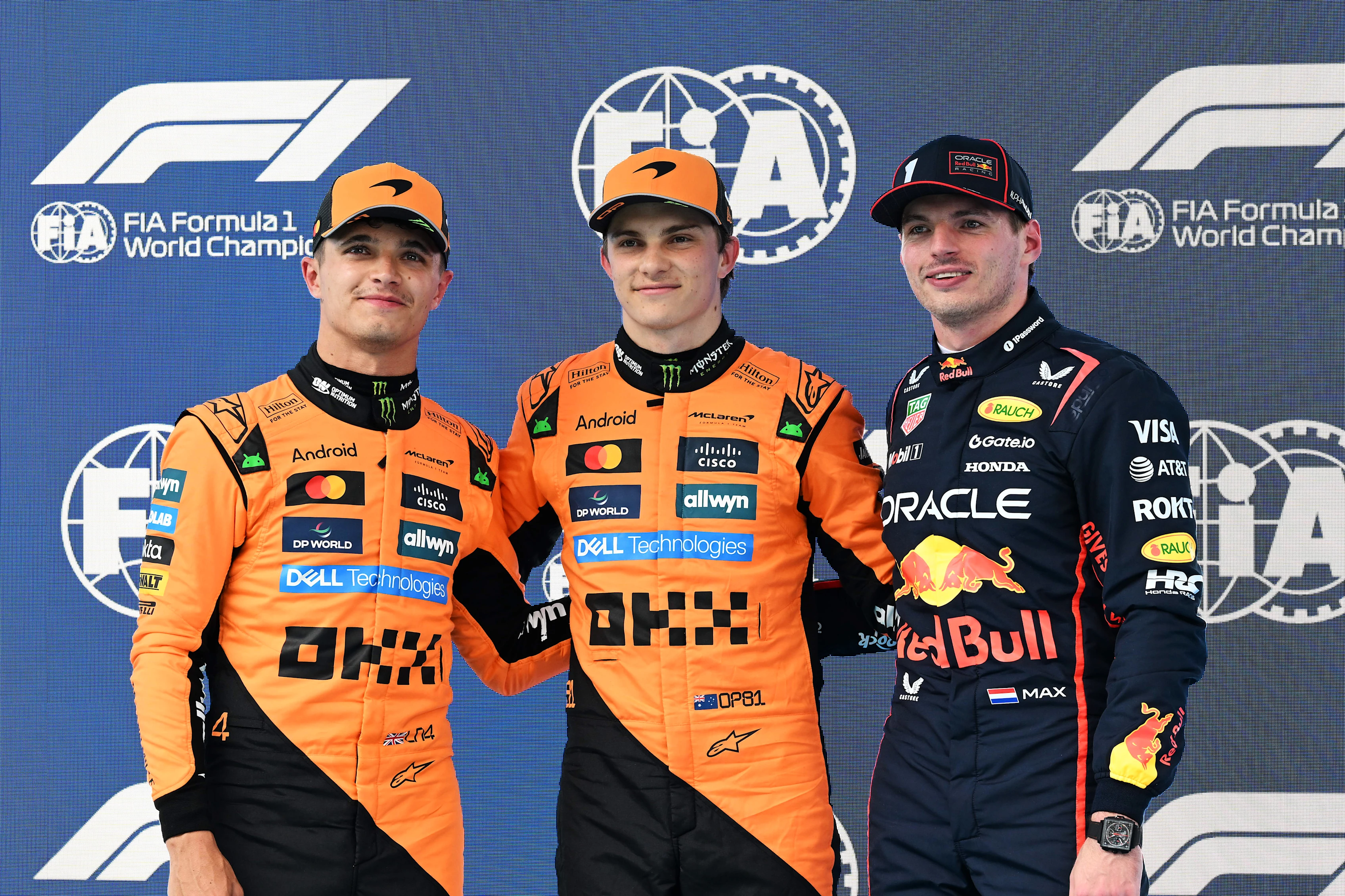 BARCELONA, SPAIN - MAY 31: Pole position qualifier Oscar Piastri of Australia and McLaren Second placed qualifier Lando Norris of Great Britain and McLaren and Third placed qualifier Max Verstappen of the Netherlands and Oracle Red Bull Racing look on during qualifying ahead of the F1 Grand Prix of Spain at Circuit de Barcelona-Catalunya on May 31, 2025 in Barcelona, Spain. (Photo by Mark Sutton - Formula 1/Formula 1 via Getty Images)