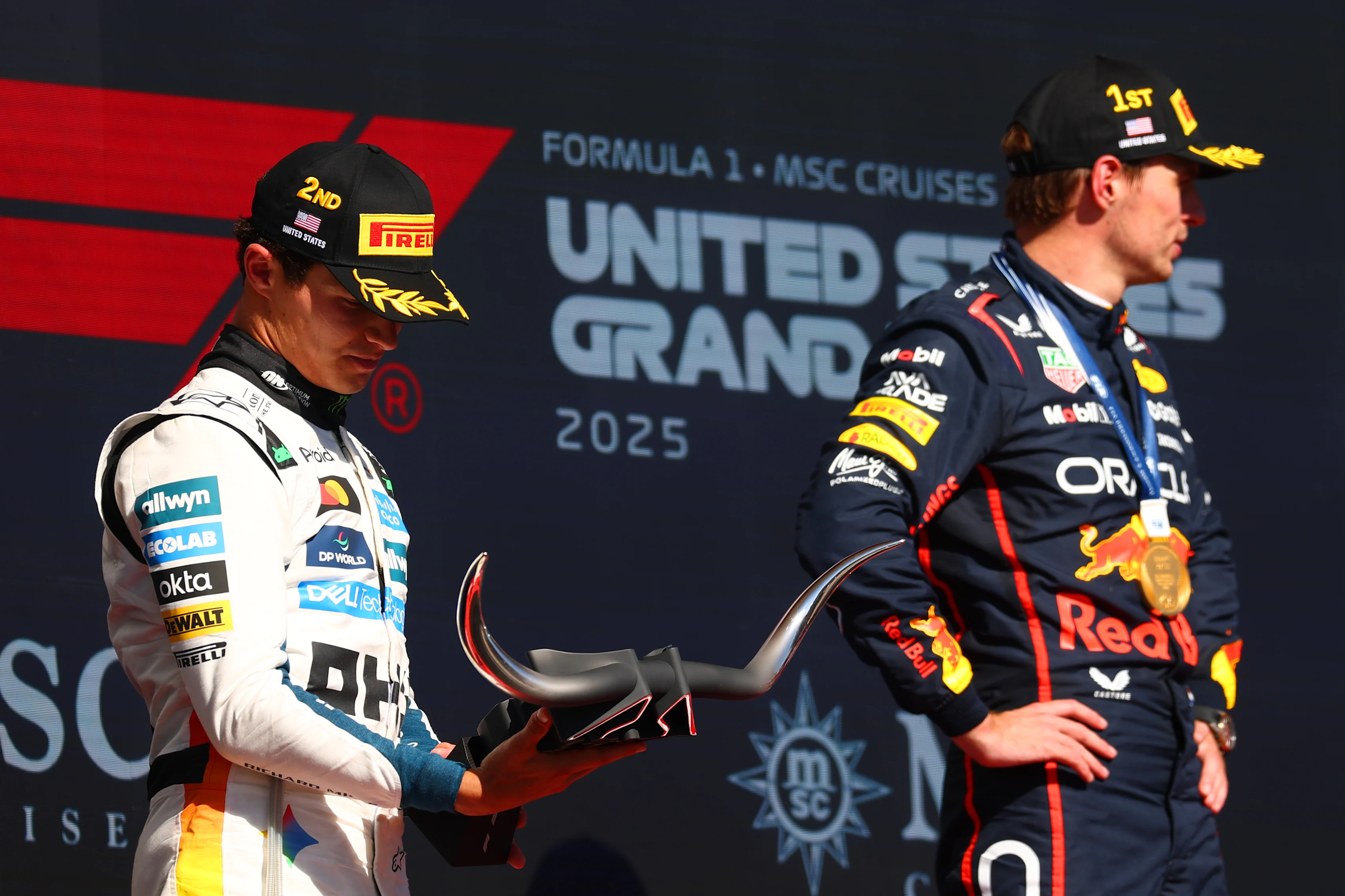 AUSTIN, TEXAS - OCTOBER 19: Second placed Lando Norris of Great Britain and McLaren on the podium