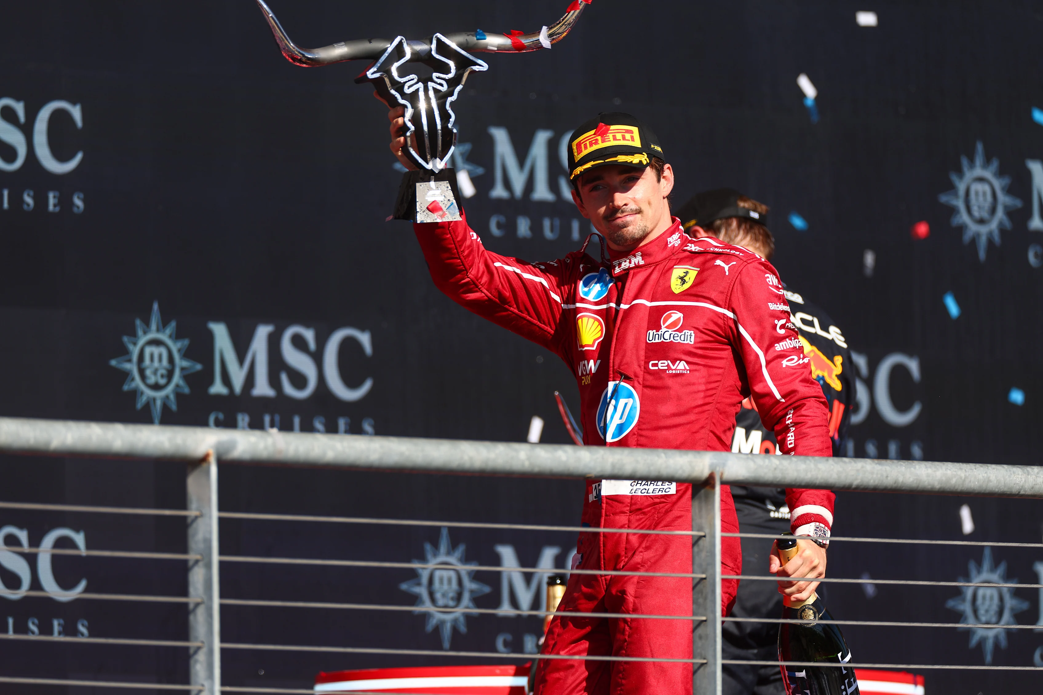 AUSTIN, TEXAS - OCTOBER 19: Third placed Charles Leclerc of Monaco and Scuderia Ferrari on the