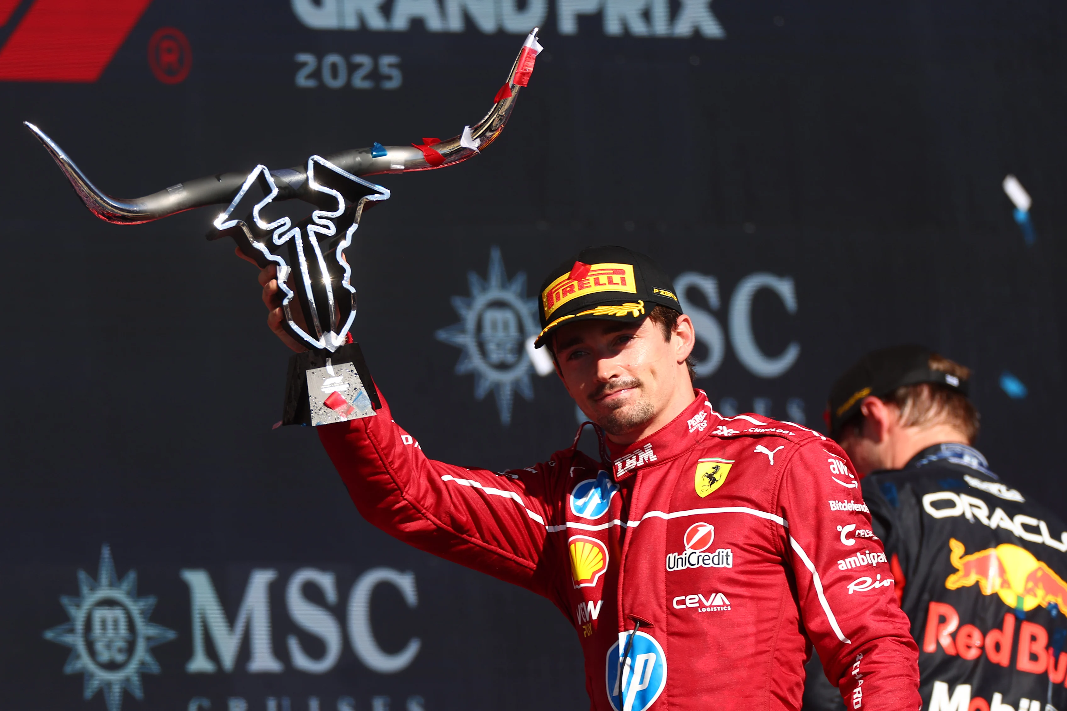 AUSTIN, TEXAS - OCTOBER 19: Third placed Charles Leclerc of Monaco and Scuderia Ferrari leaves the