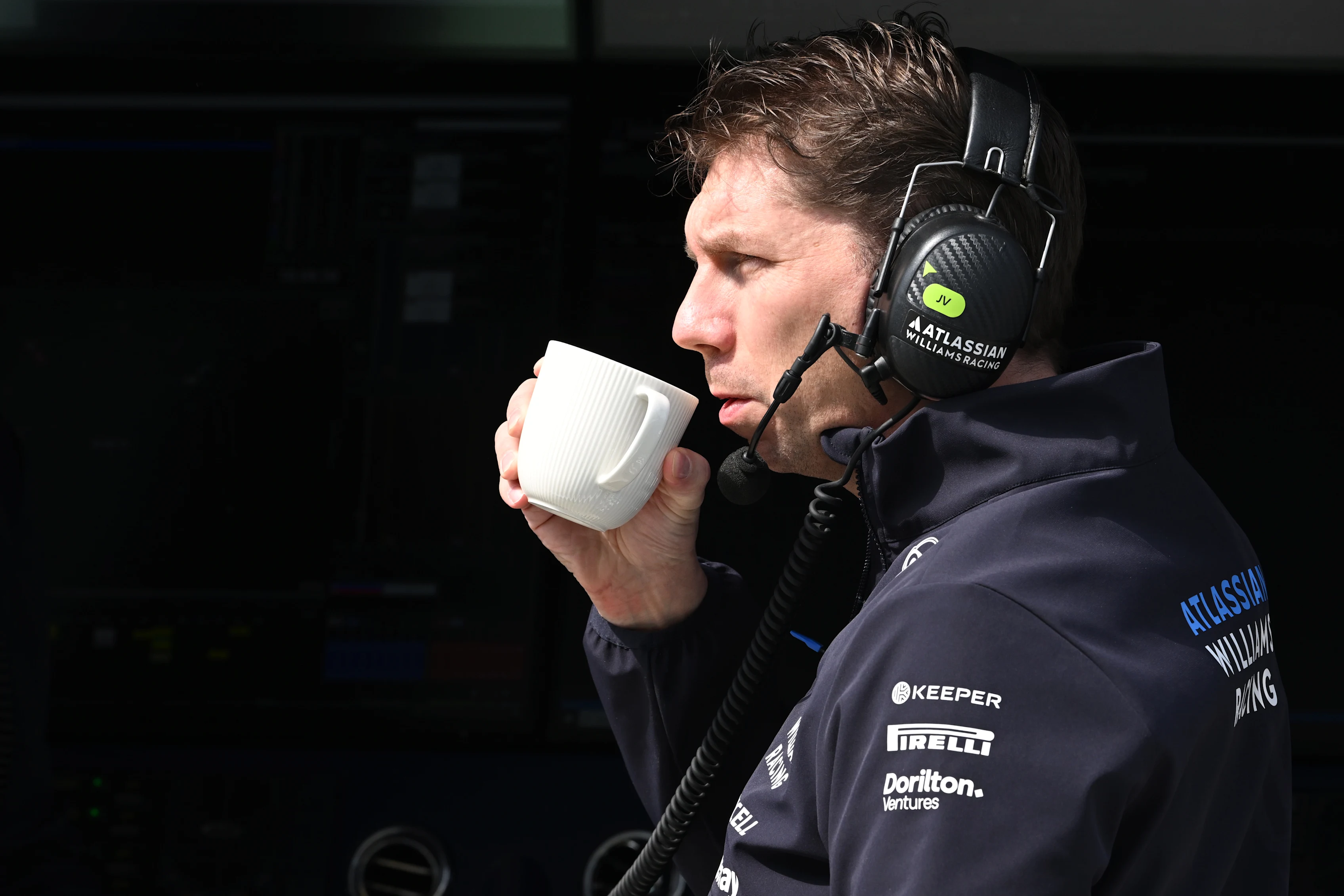 James Vowles, Team Principal of Williams has a drink as he watches on from the pit wall during day one of F1 Testing at Bahrain International Circuit on February 26, 2025 in Bahrain, Bahrain. (Photo by Mark Sutton - Formula 1/Formula 1 via Getty Images)