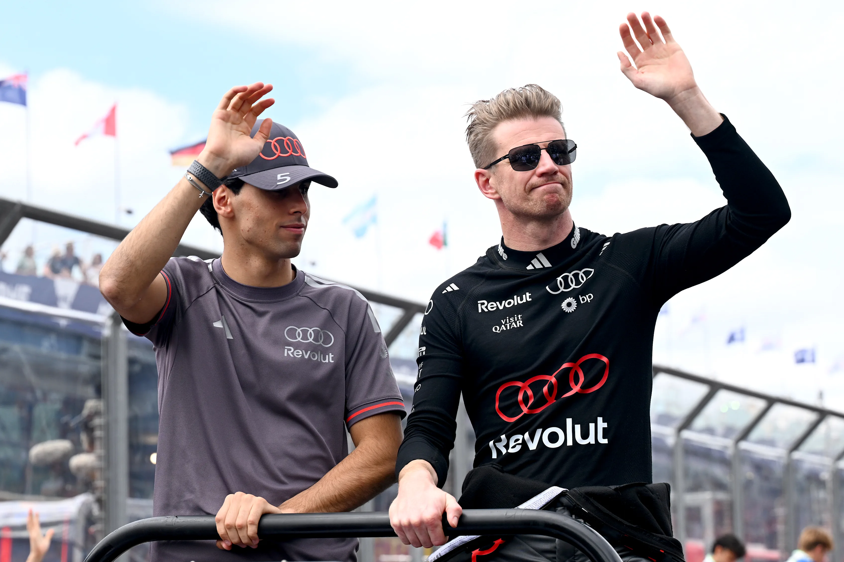 MELBOURNE, AUSTRALIA - MARCH 08: Gabriel Bortoleto of Brazil and Audi F1 Team and Nico Hulkenberg