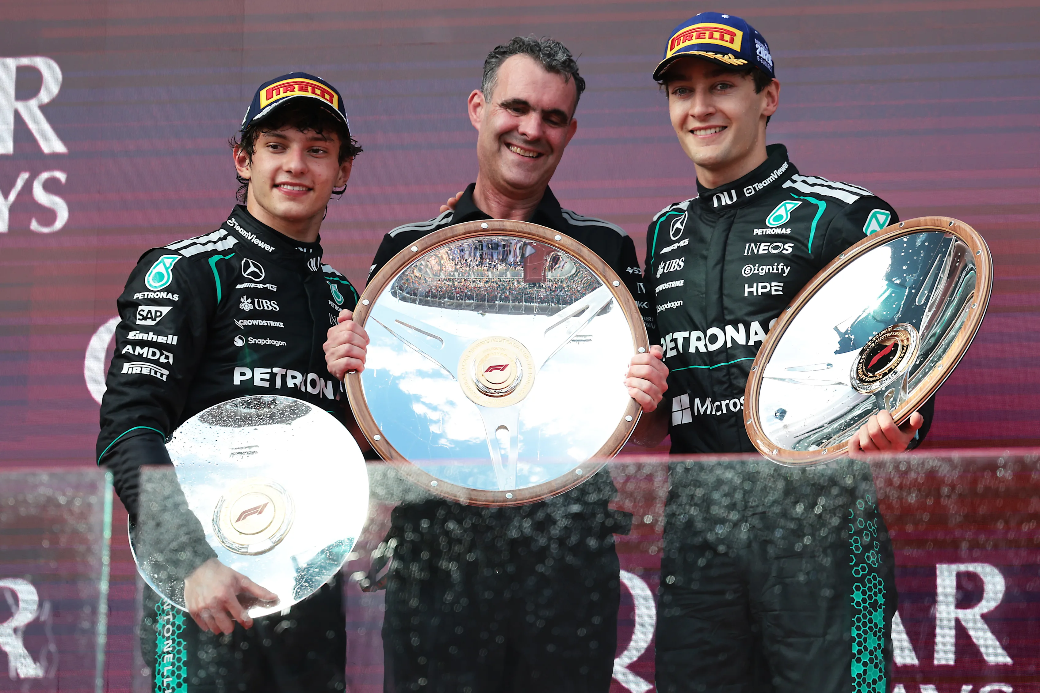 MELBOURNE, AUSTRALIA - MARCH 08: Race winner George Russell of Great Britain and Mercedes AMG