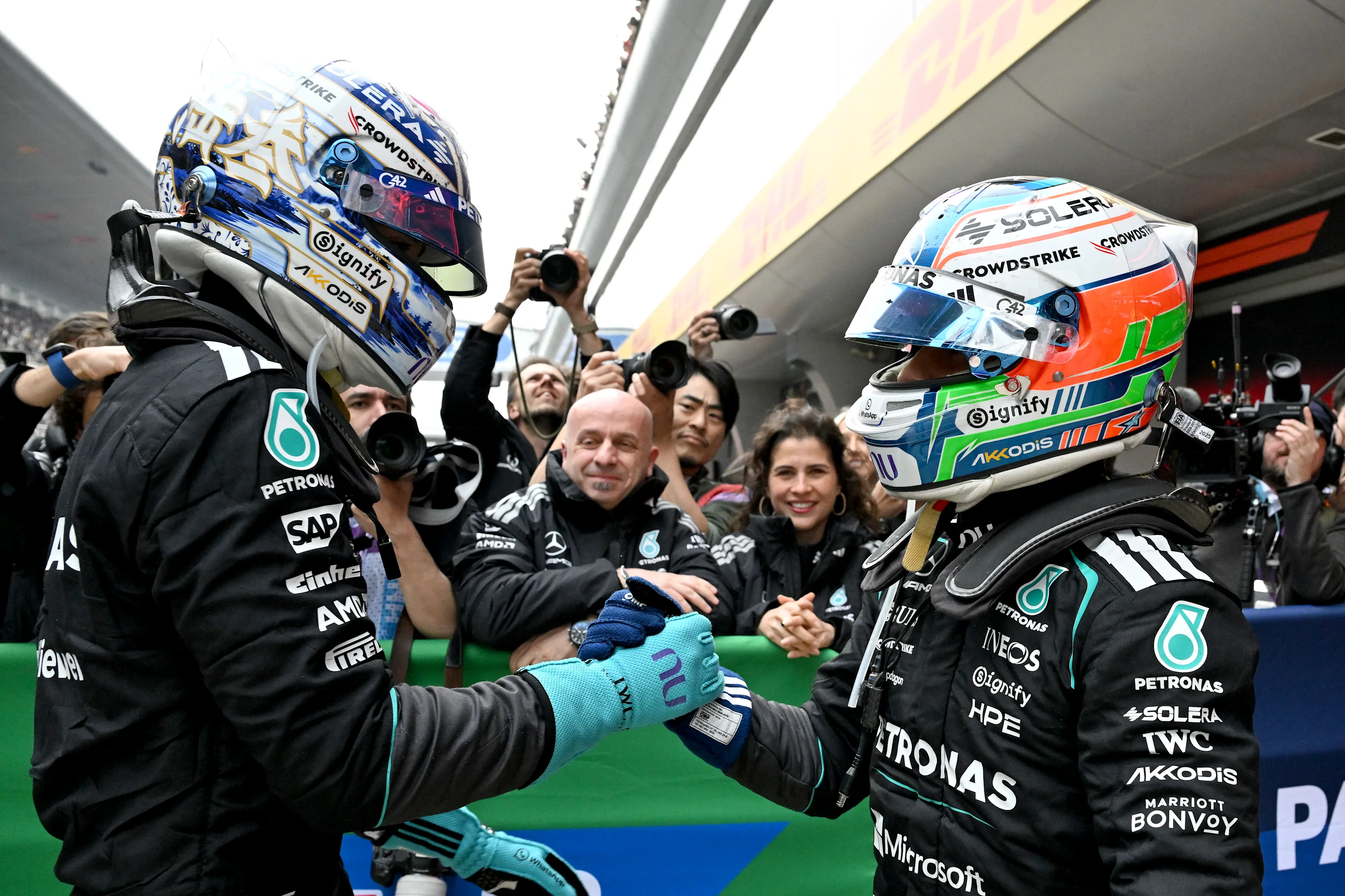 SHANGHAI, CHINA - MARCH 15: Race winner Andrea Kimi Antonelli of Italy and Mercedes AMG Petronas F1