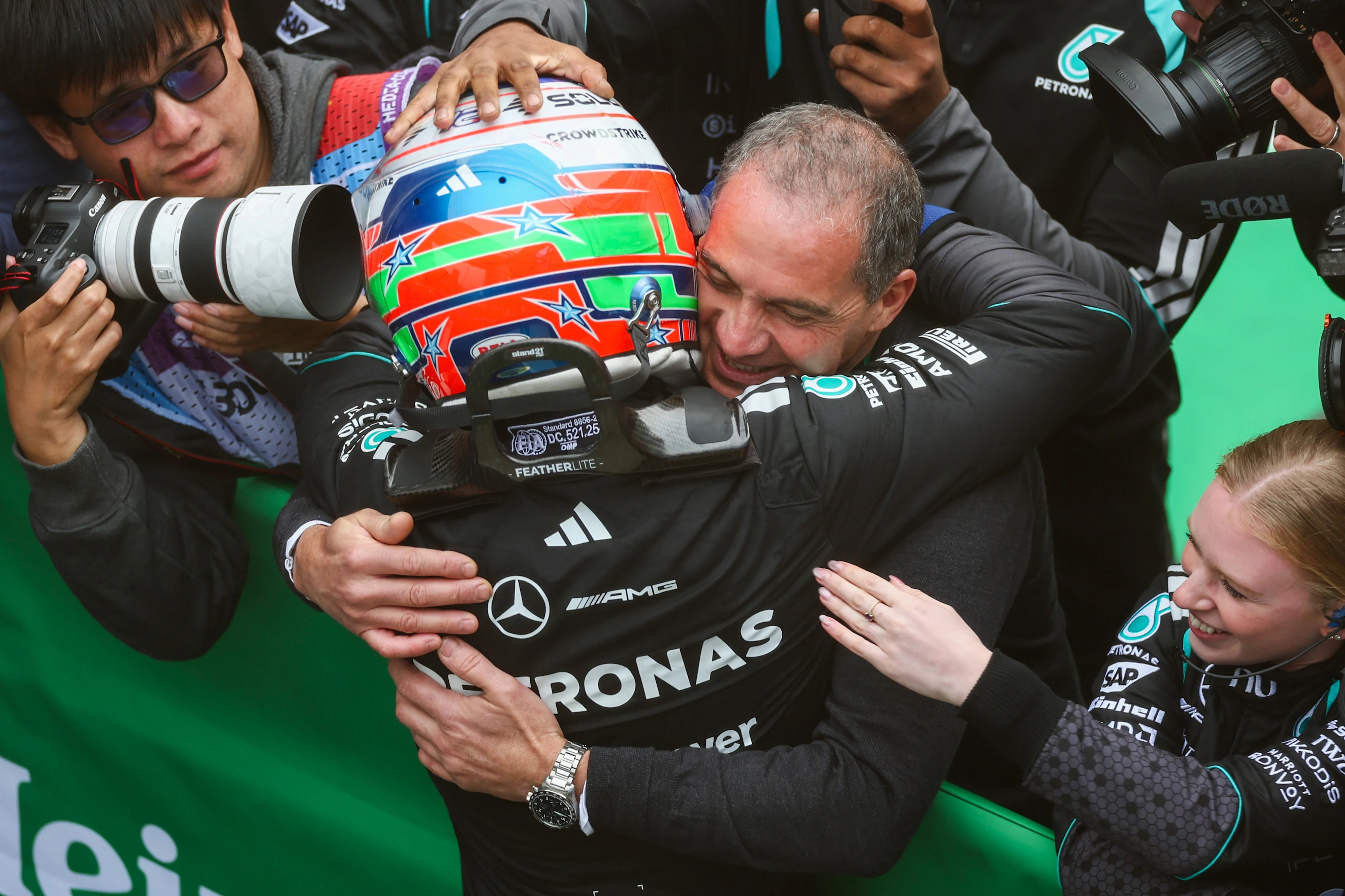 SHANGHAI, CHINA - MARCH 15: Race winner Andrea Kimi Antonelli of Italy and Mercedes AMG Petronas F1