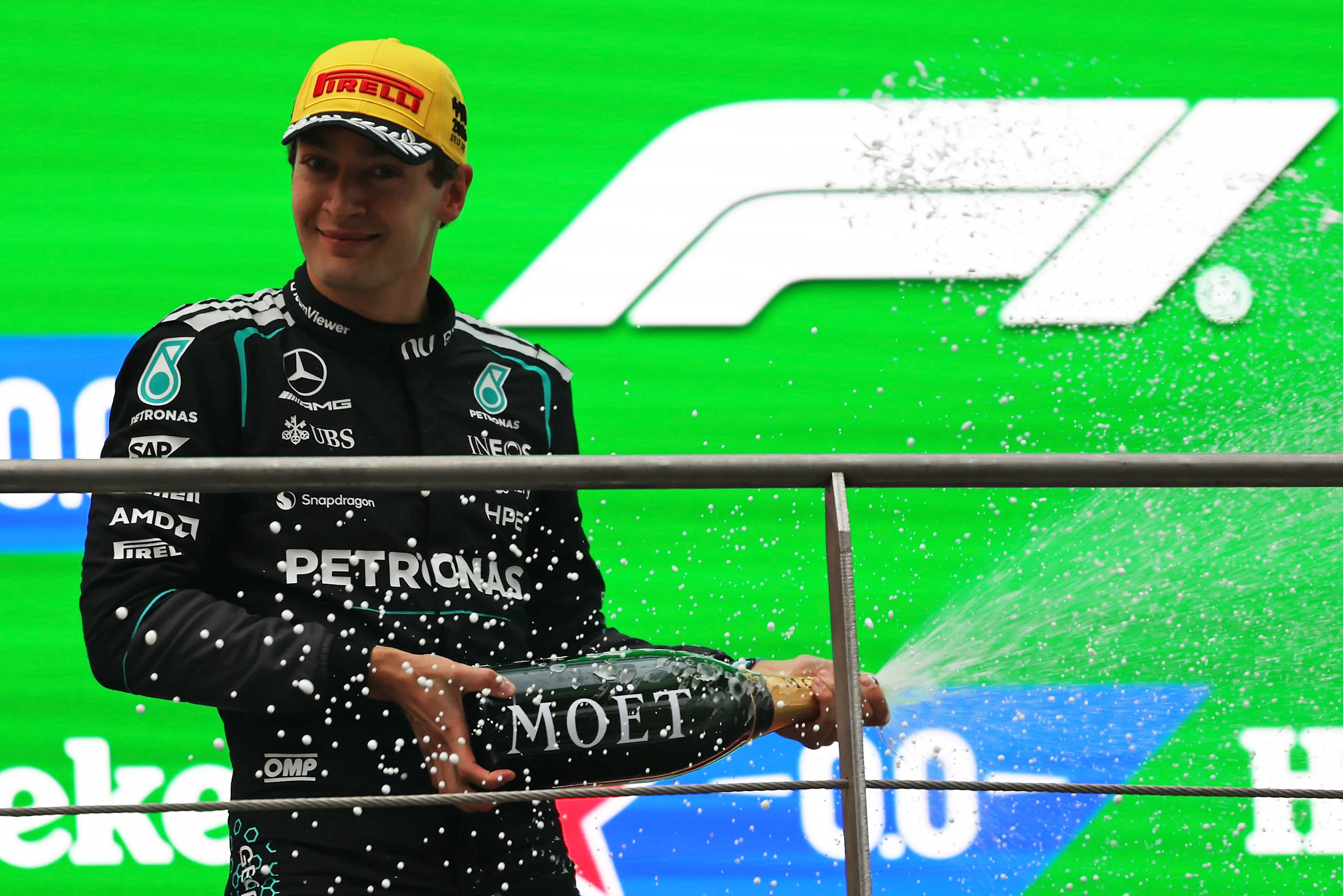 SHANGHAI, CHINA - MARCH 15: Second placed George Russell of Great Britain and Mercedes AMG Petronas